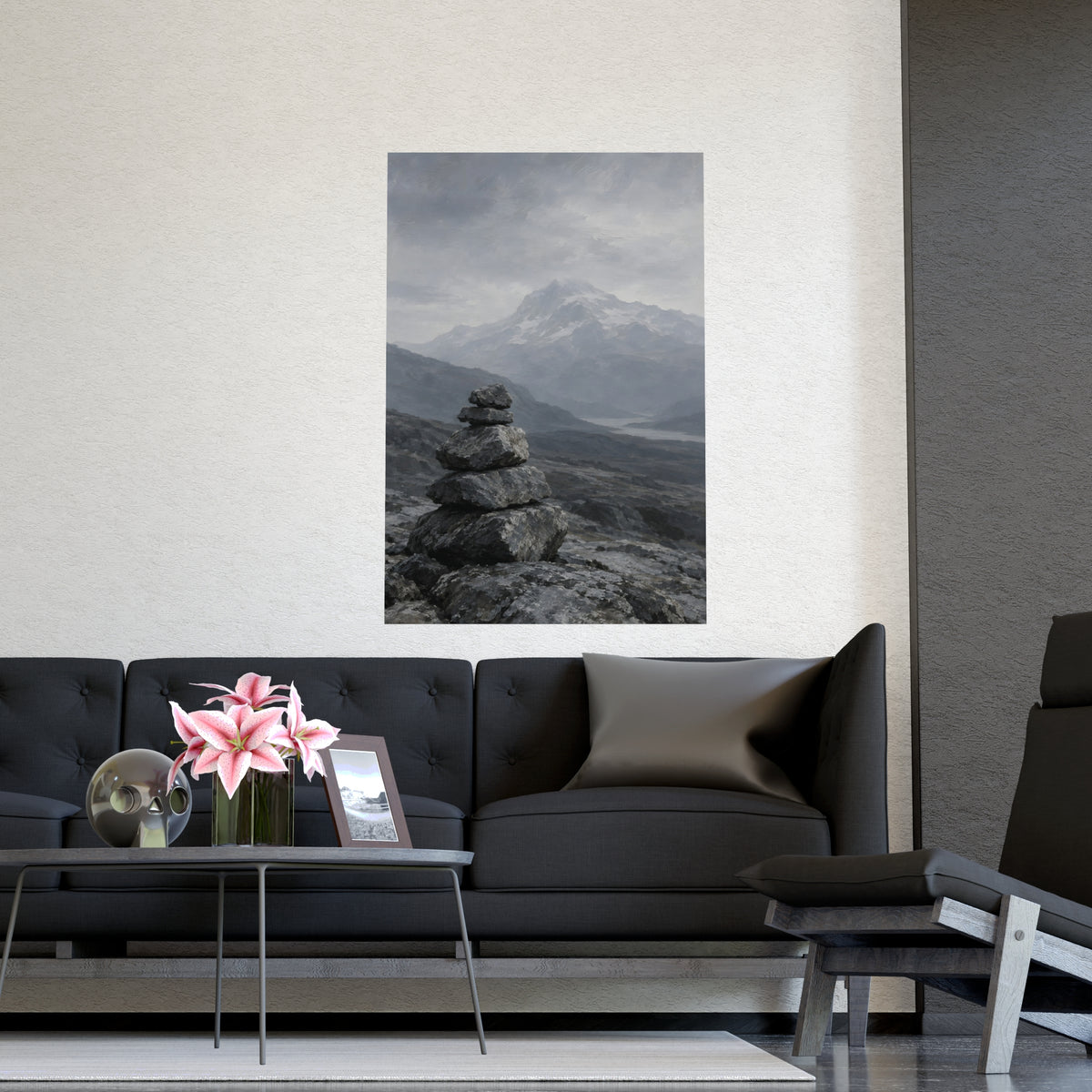 Cairn and Mountain — cairn and mountain, shown framed on a wall