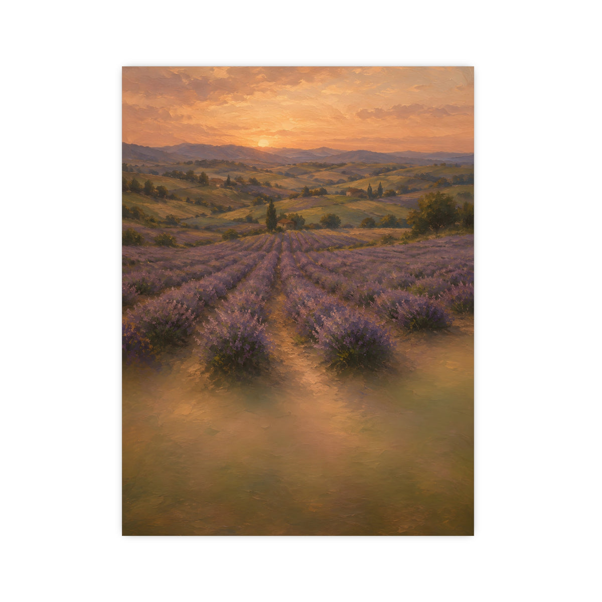 Lavender Fields at Dusk — lavender rows receding into soft hills at dusk, 12x16 in print