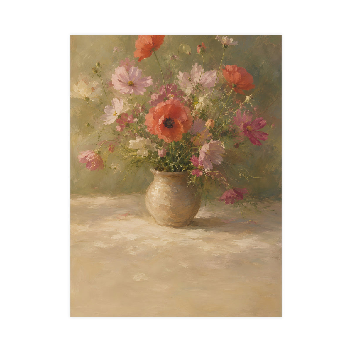Poppy and Cosmos Bouquet — a loose bouquet of poppies and cosmos in an earthenware vase, 18x24 in print