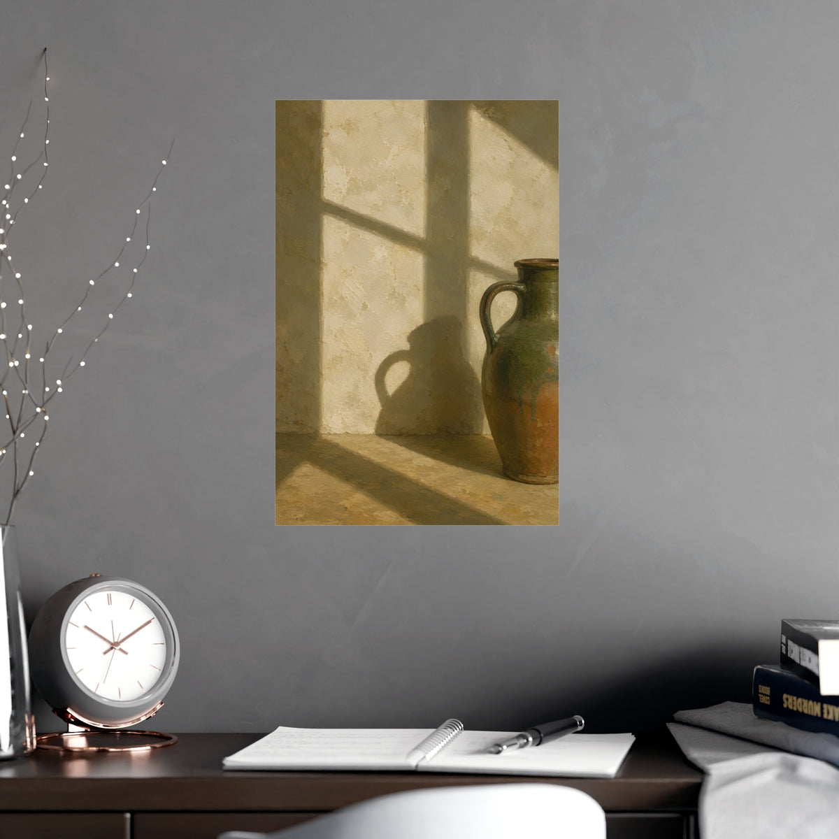 A Long Shadow on Plaster — a long shadow on plaster, shown framed on a wall