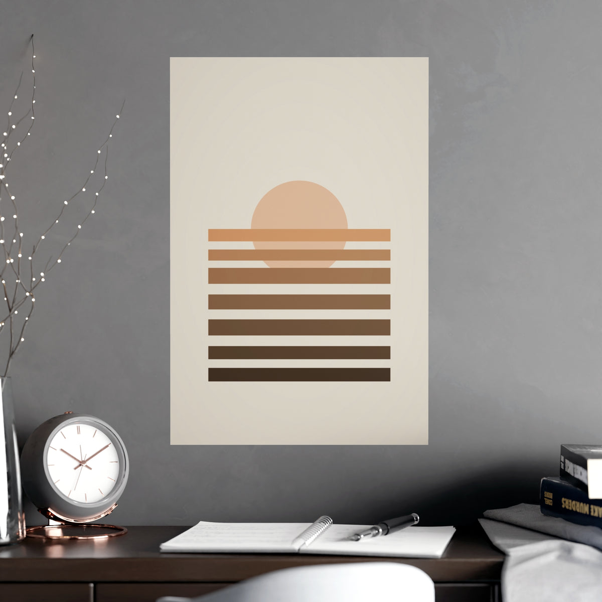 Warm Earth Sunset Boho Wall Art — sunset in a warm earth palette, shown framed on a wall