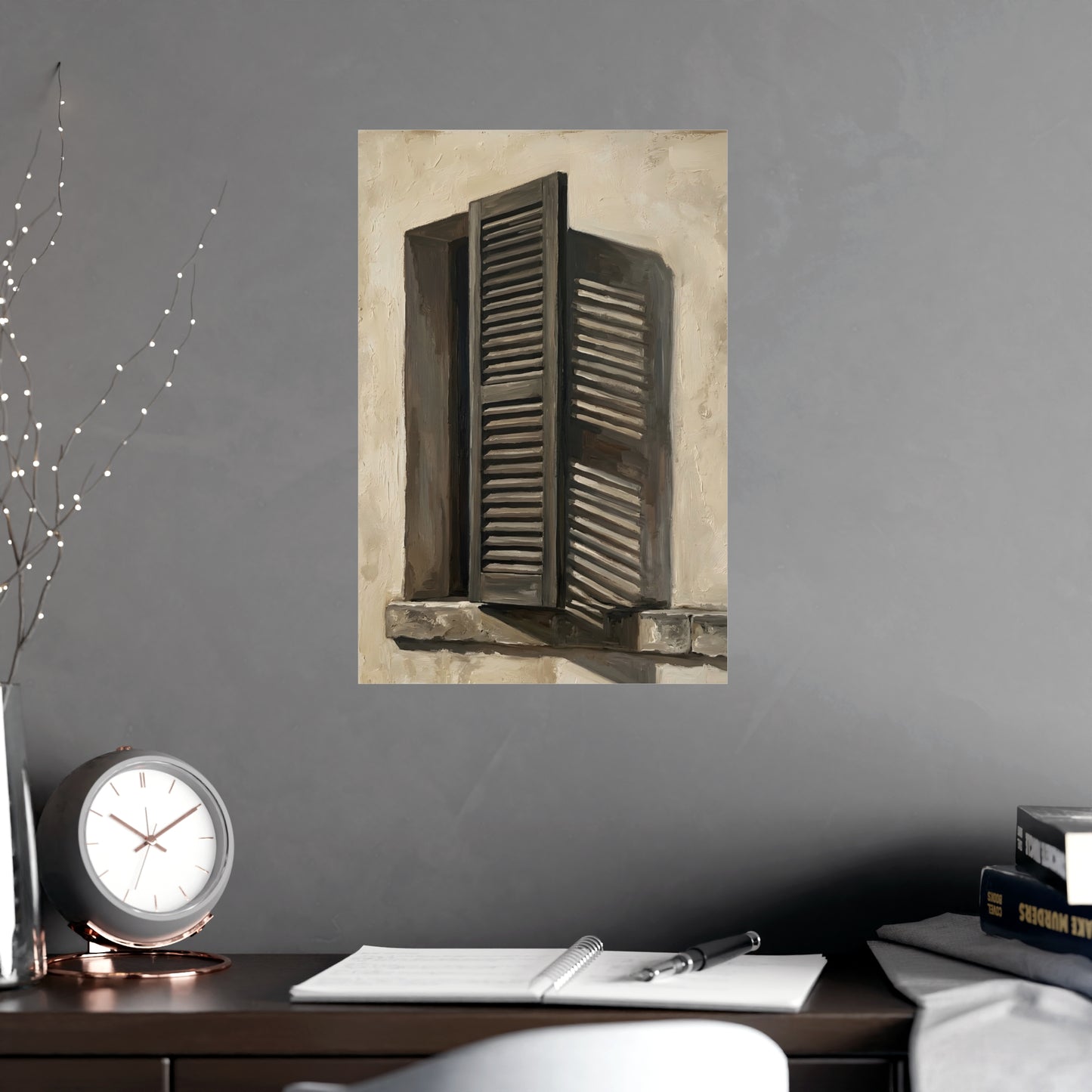 Shutters, Half Closed hung above a sofa with a side table and lilies, 12x18 in print