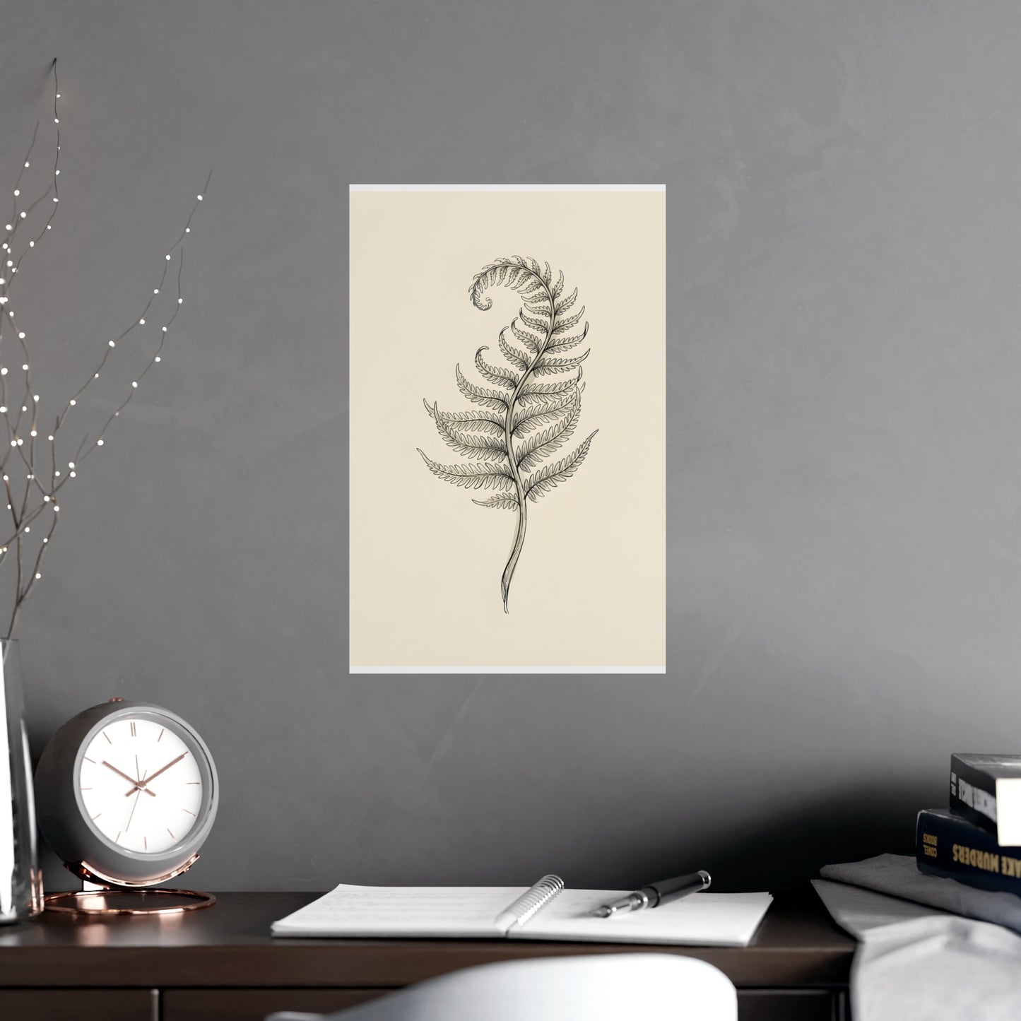 Fern Frond framed on a cream wall in a living room, 11x17 in print