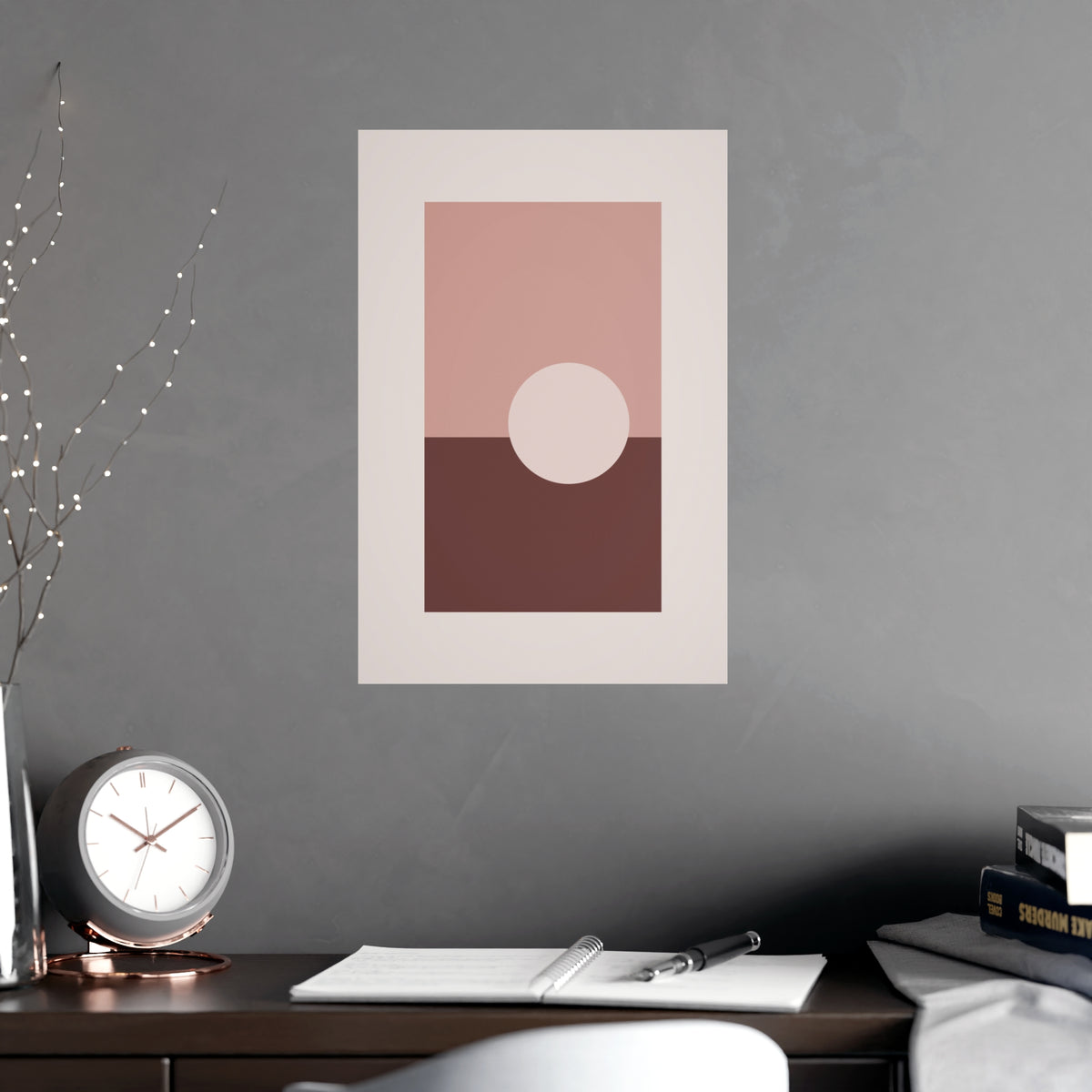 Dusty Rose Sun Landscape Wall Art — sun landscape in a dusty rose palette, shown framed on a wall