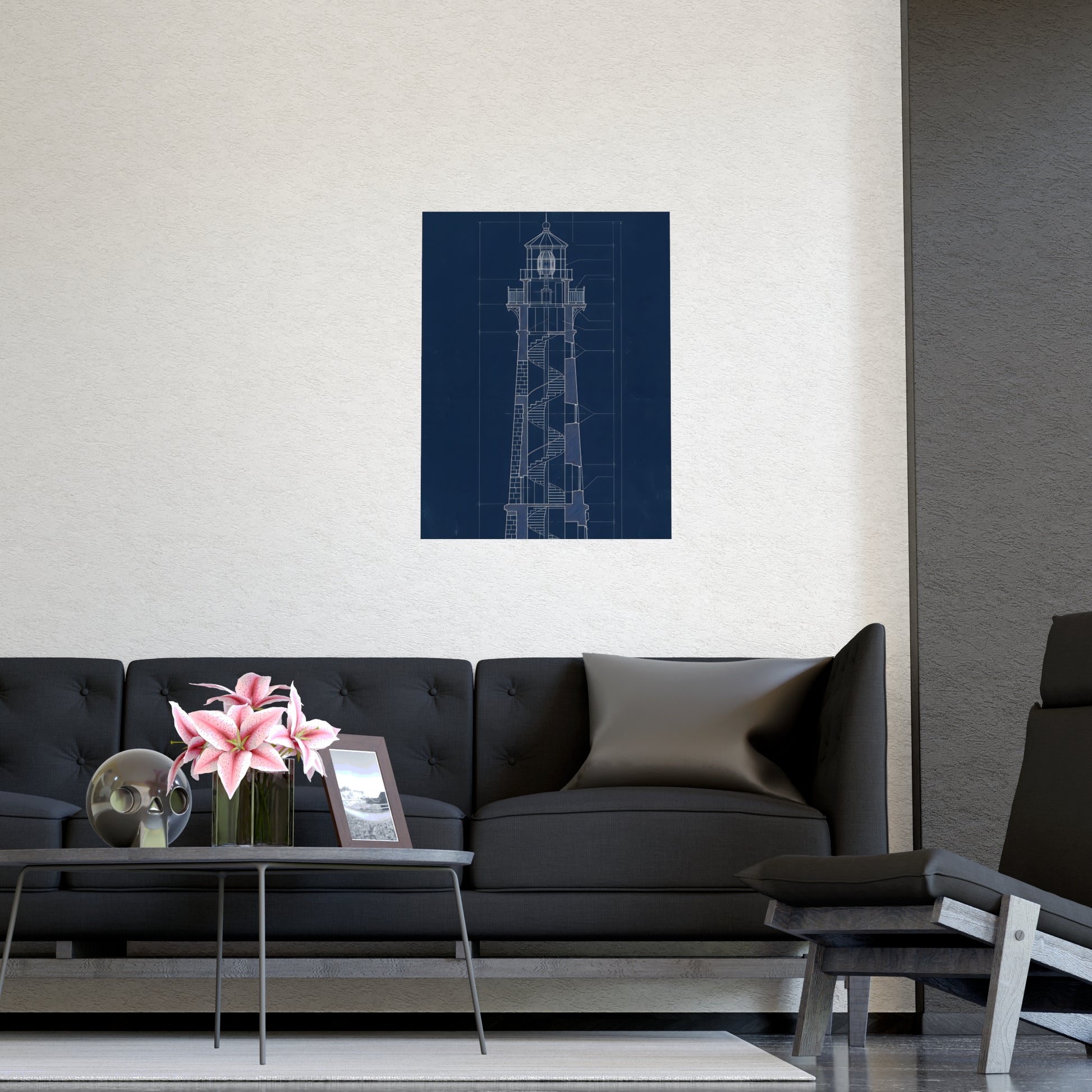 Lighthouse, in Section on a living room wall beside a tall vase, 11x17 in print