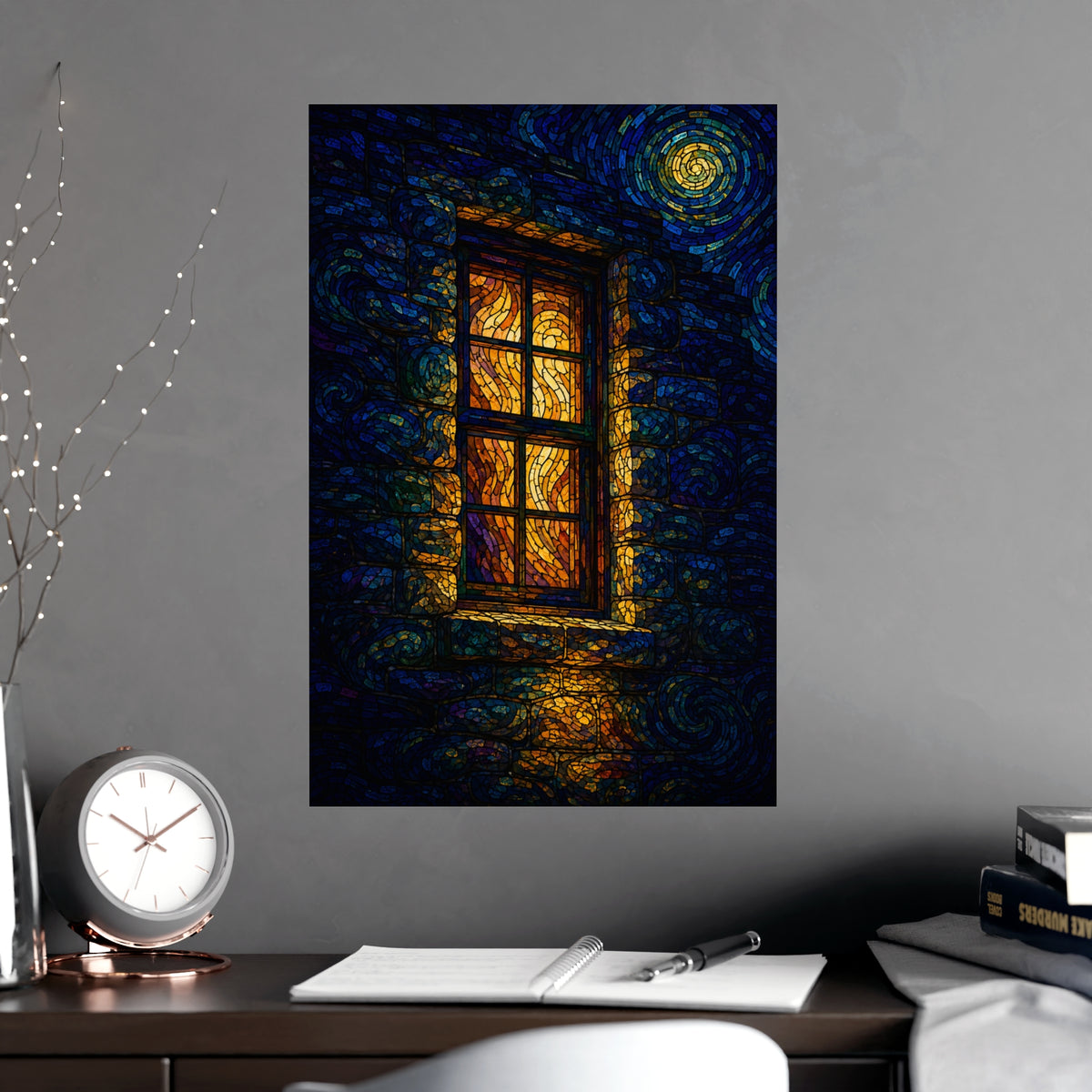 One Lit Window — one lit window, shown framed on a wall