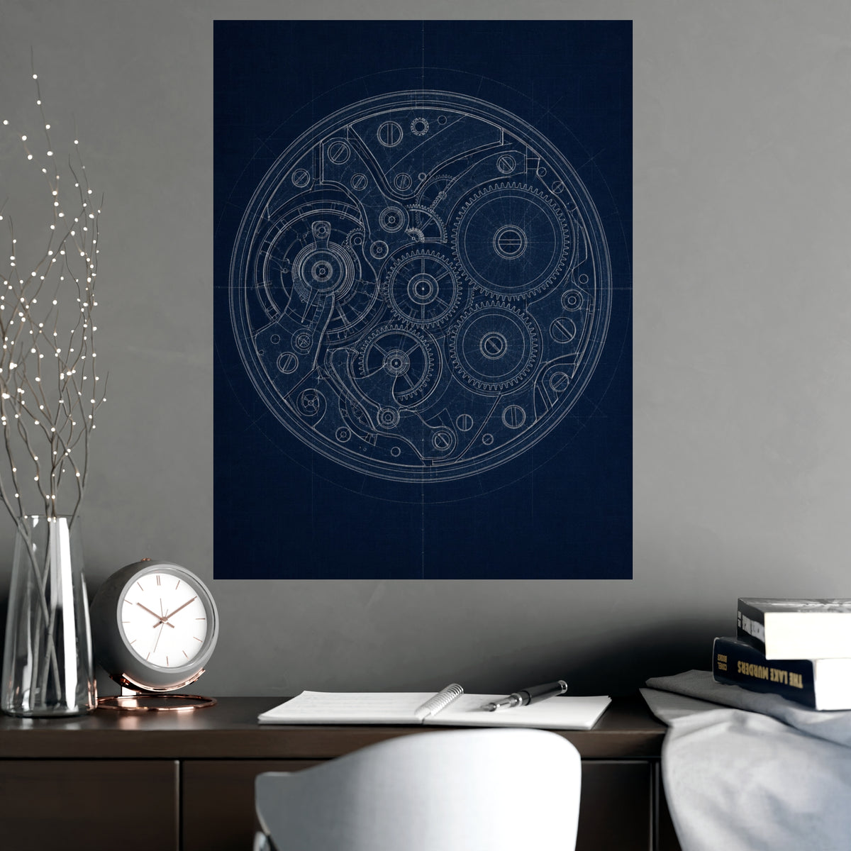 Watch Movement — watch movement, shown framed on a wall