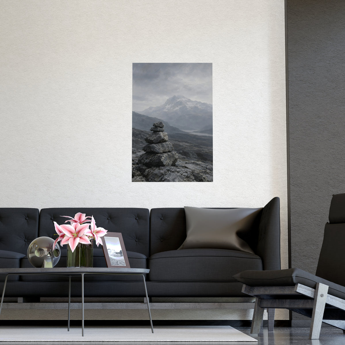 Cairn and Mountain — cairn and mountain, shown framed on a wall