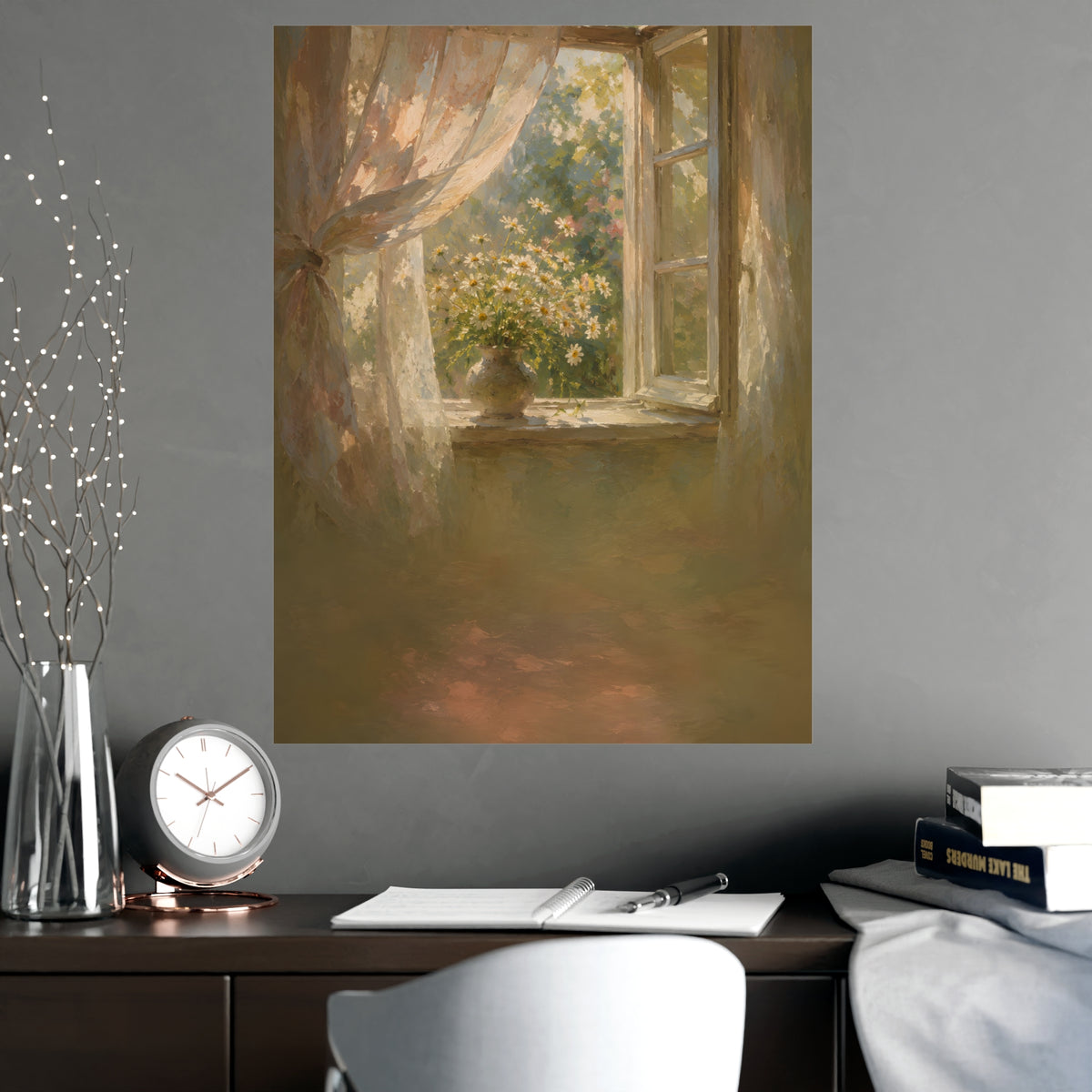 Daisies on the Sill — an open window with sheer curtains lifting in the breeze and a vase of daisies on the sill, shown frame