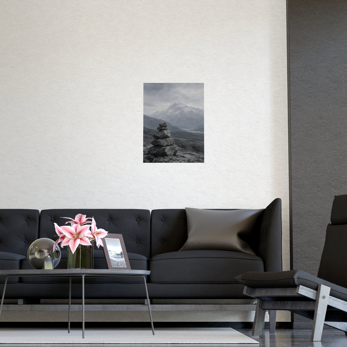 Cairn and Mountain — cairn and mountain, shown framed on a wall
