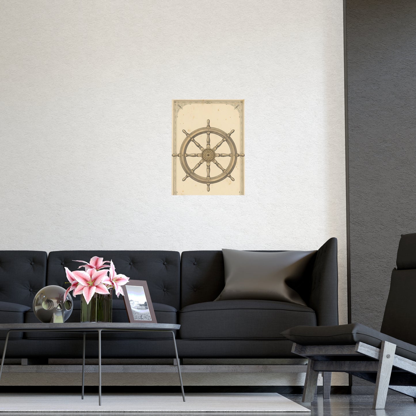 Ship's Wheel hung above a sofa with a side table and lilies, 12x16 in print