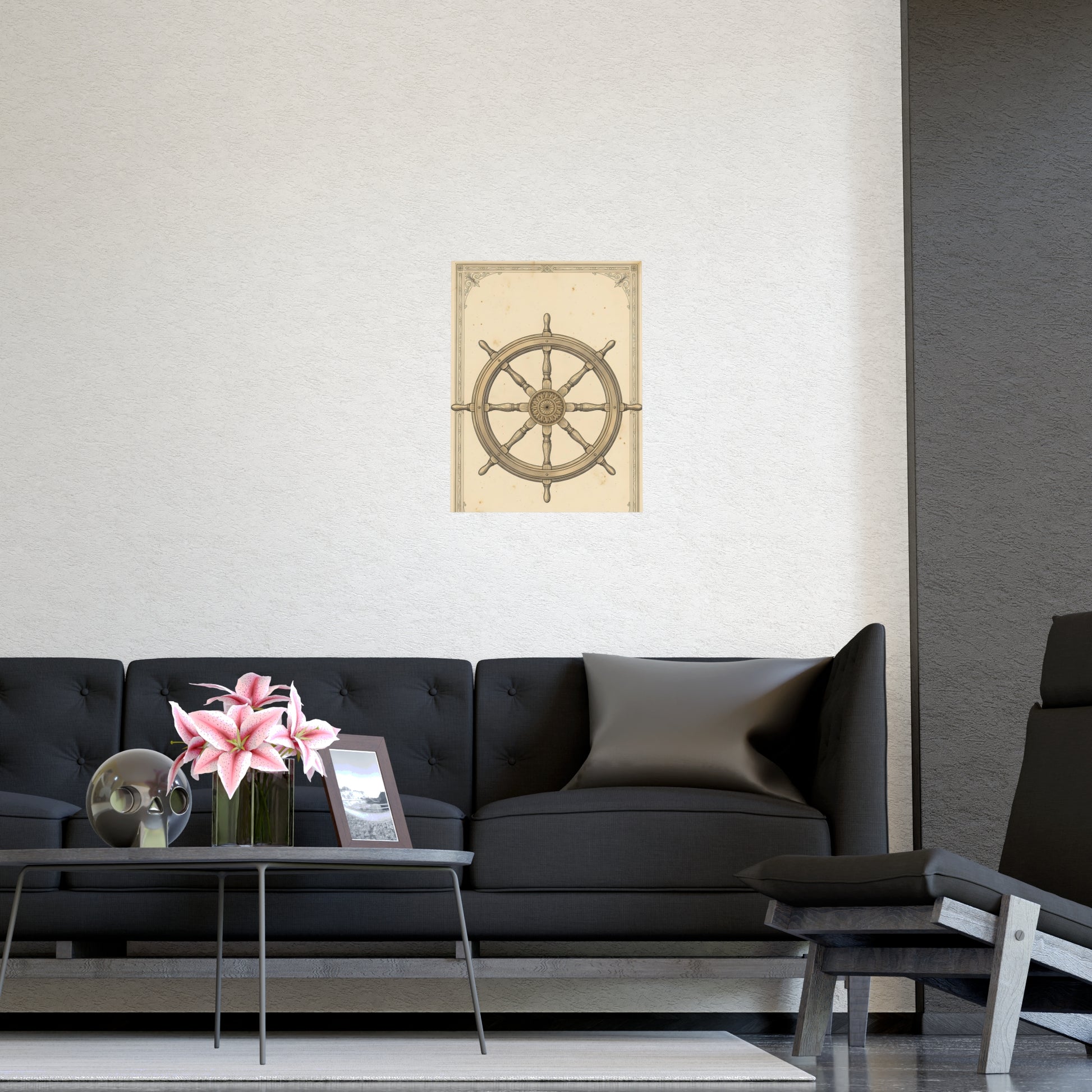Ship's Wheel hung above a sofa with a side table and lilies, 12x16 in print