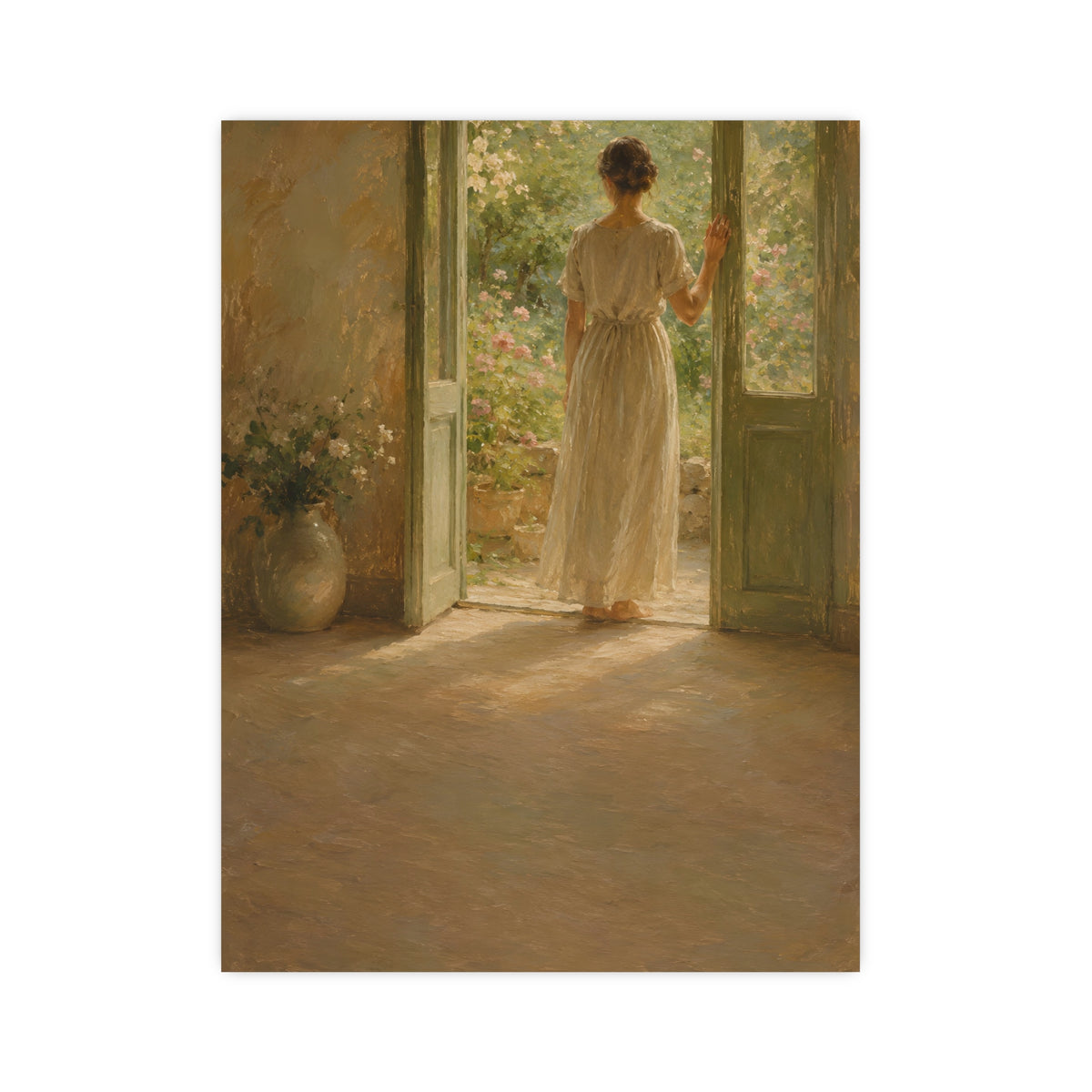 Doorway to the Garden — a woman in a linen dress standing in an open doorway looking out to a summer garden, 12x16 in print