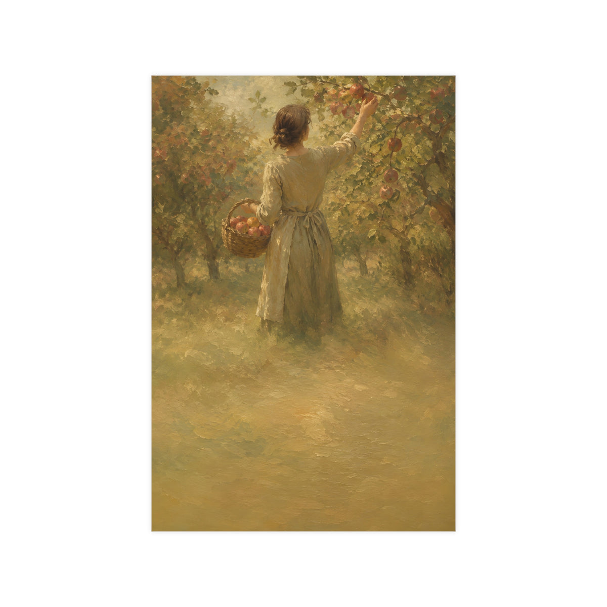 Picking Apples — a woman picking apples in an orchard in early autumn, seen from behind, 12x18 in print
