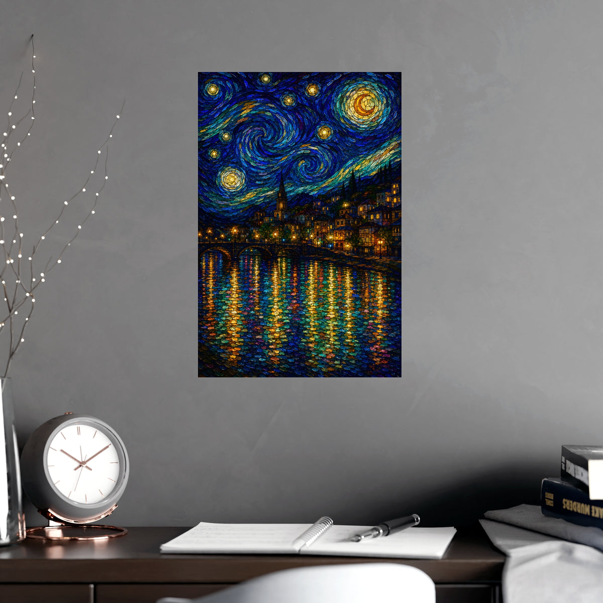 River Town at Night — river town at night, shown framed on a wall