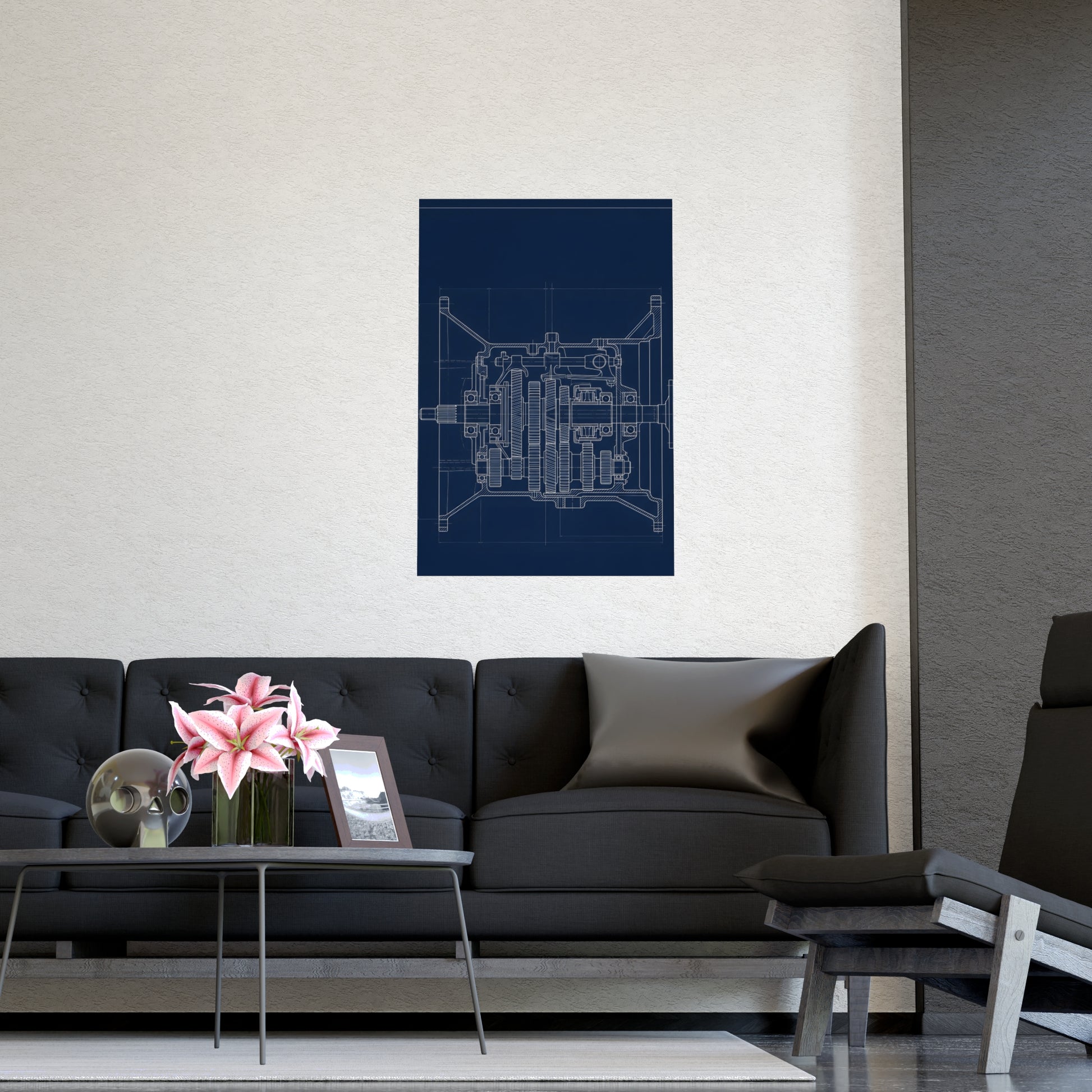 Gearbox, in Cutaway hung above a desk with a clock and notebook, 16x24 in print