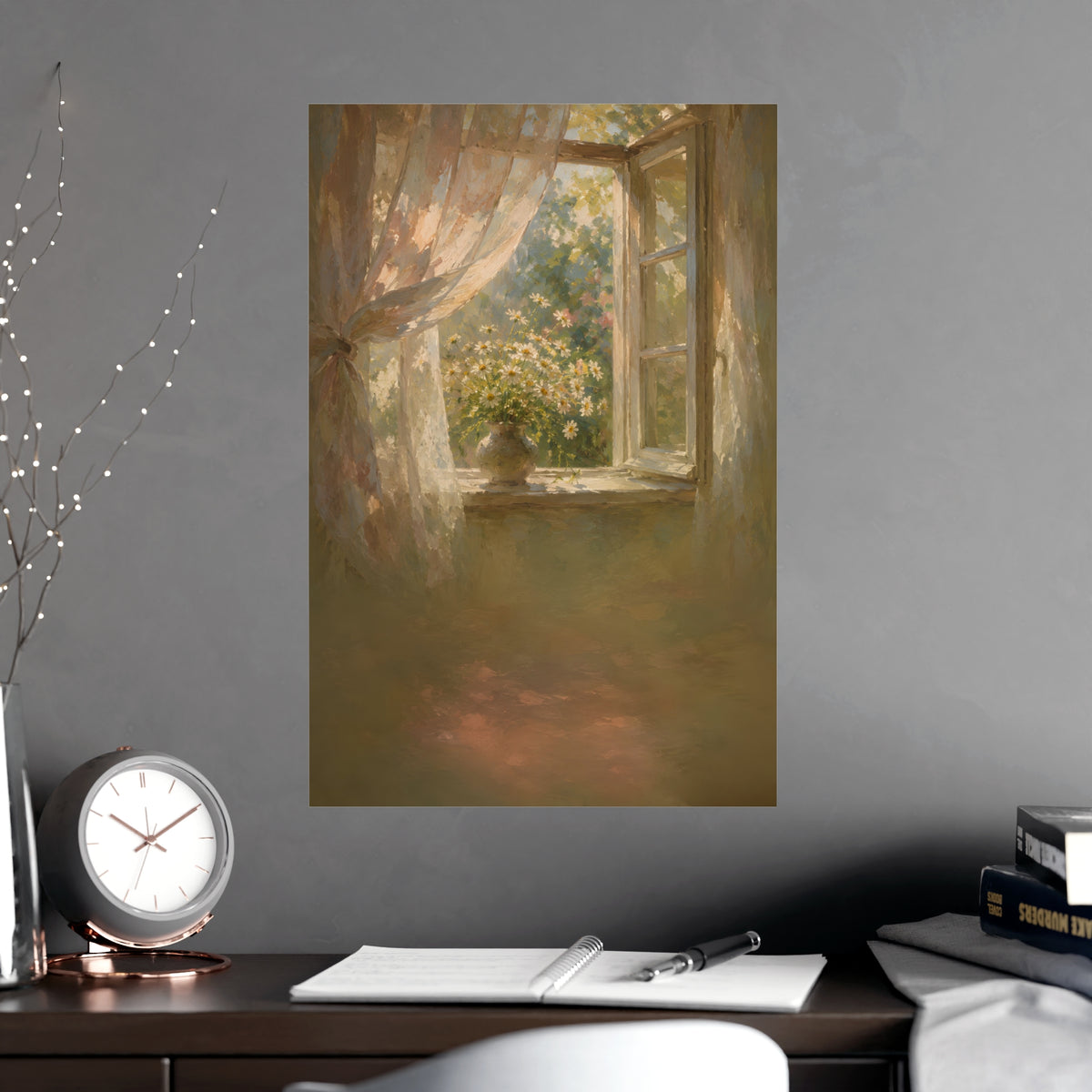Daisies on the Sill — an open window with sheer curtains lifting in the breeze and a vase of daisies on the sill, shown frame