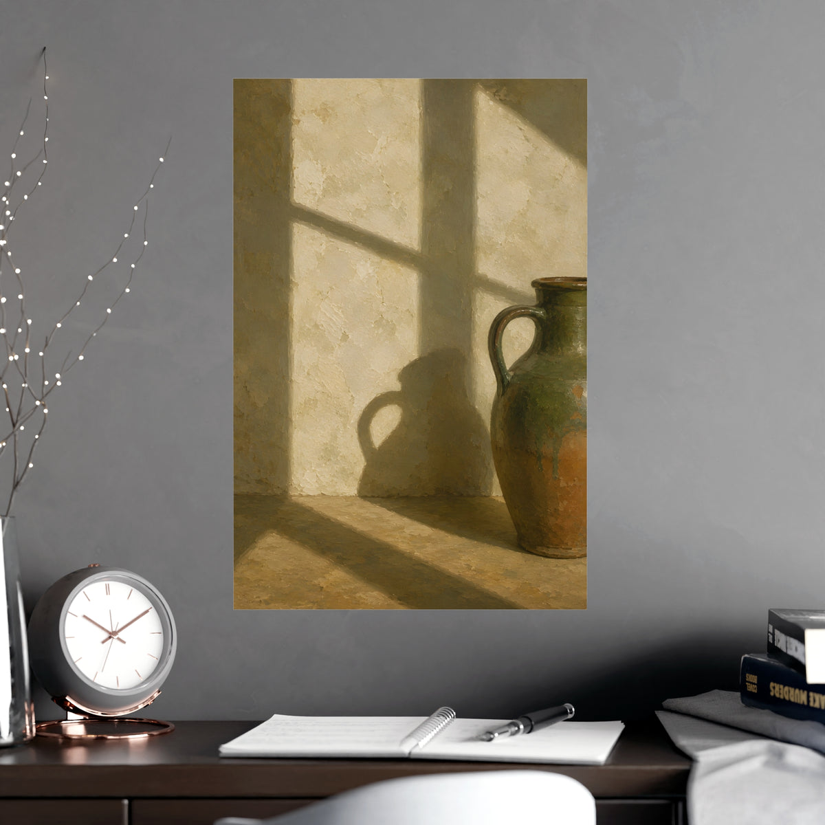 A Long Shadow on Plaster — a long shadow on plaster, shown framed on a wall