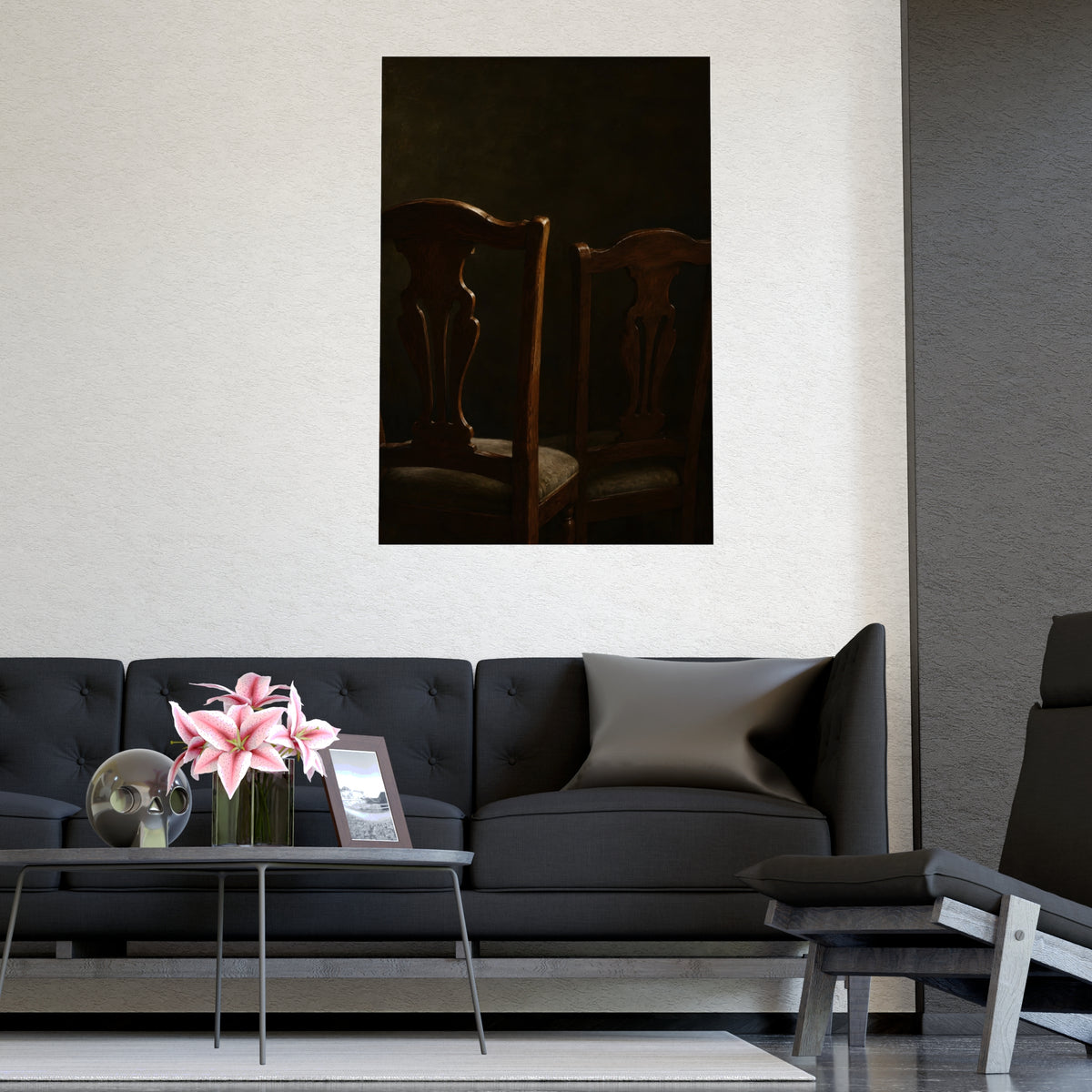 Two Chair Backs — two chair backs, shown framed on a wall