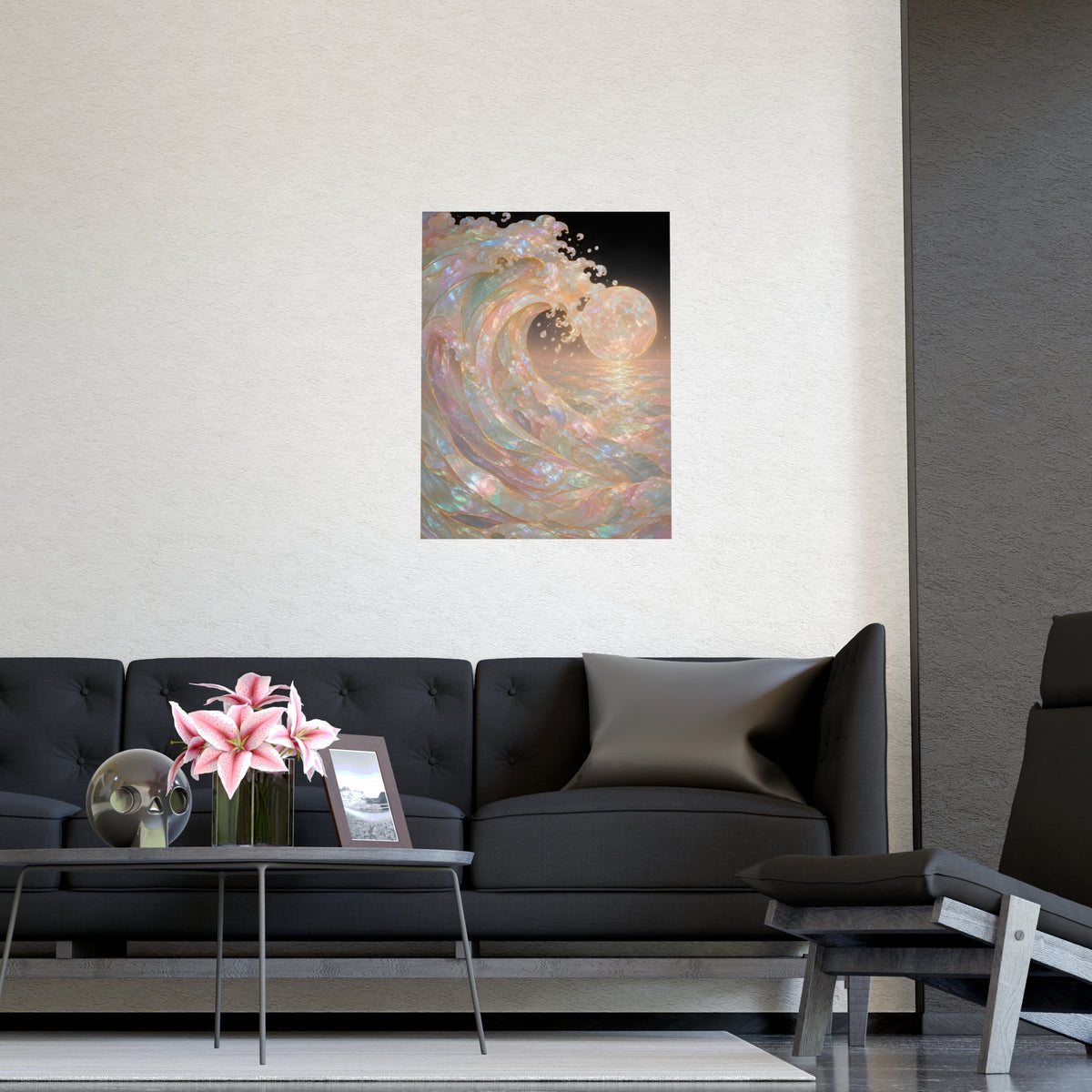 Wave and Moon — wave and moon, shown framed on a wall