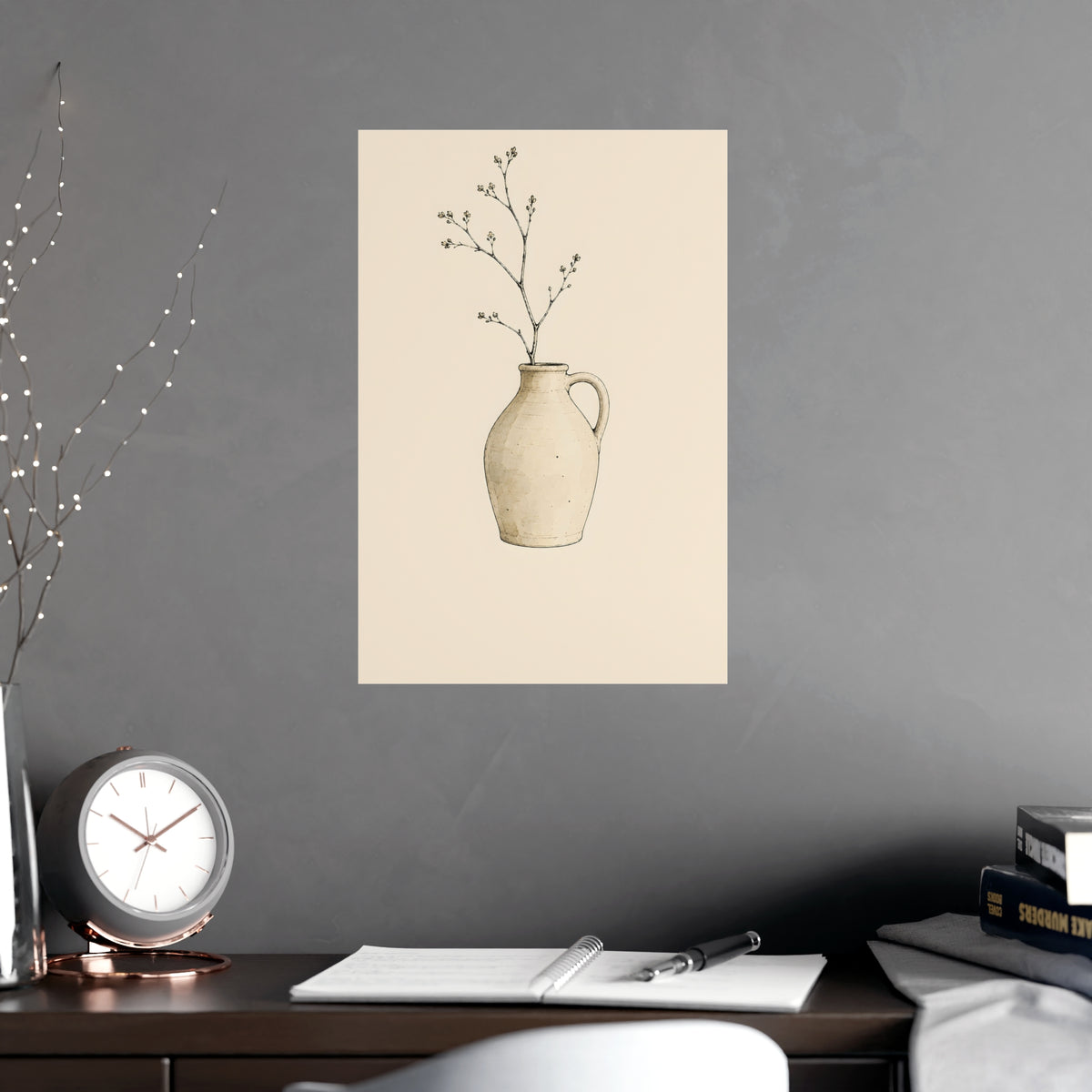 Jug and One Sprig — jug and one sprig, shown framed on a wall