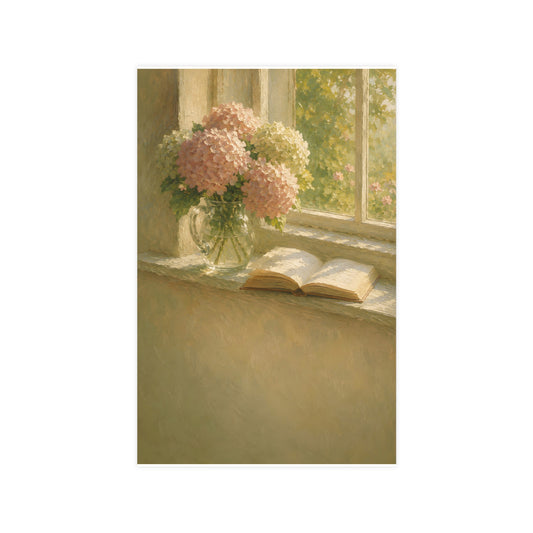 Hydrangeas and a Book — hydrangeas in a glass jug beside an open book on a sunlit windowsill, 11x17 in print