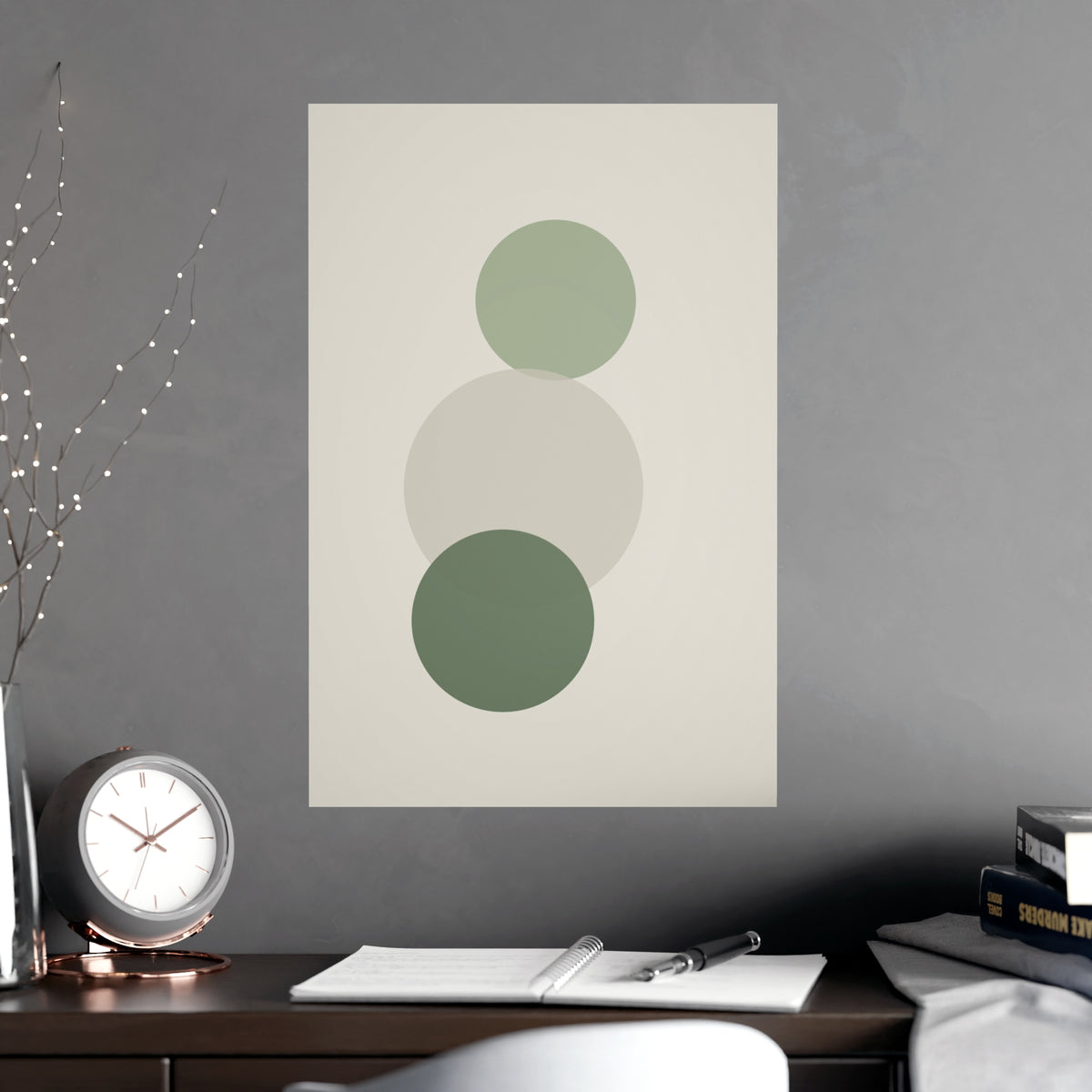 Sage Neutral Circles Boho Wall Art — circles in a sage neutral palette, shown framed on a wall