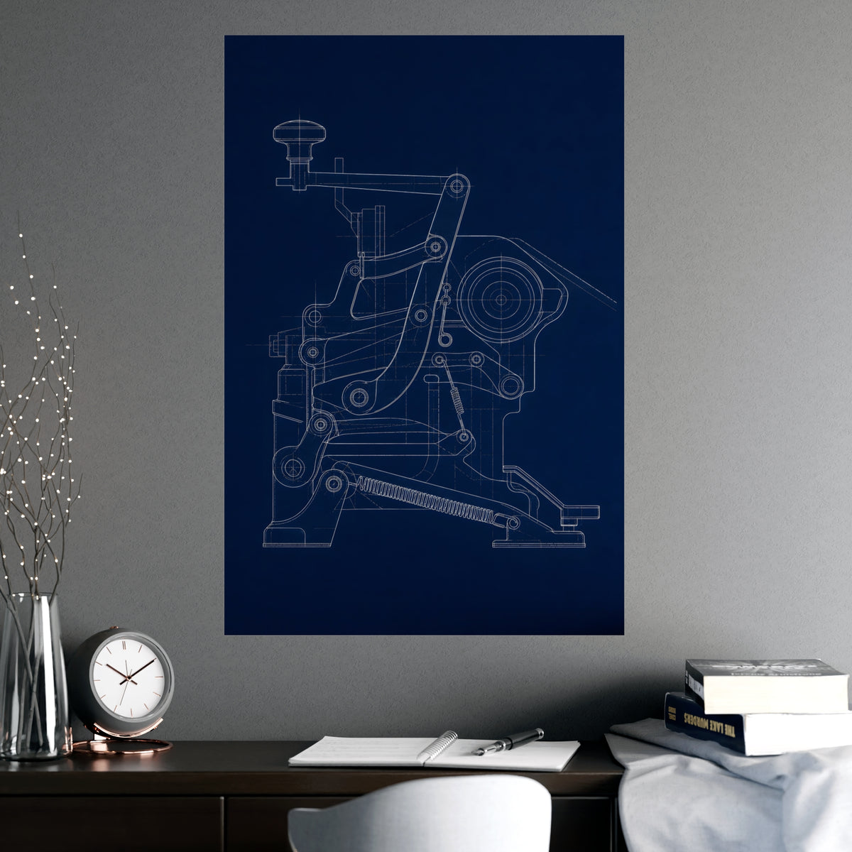 Typewriter Linkage — typewriter linkage, shown framed on a wall