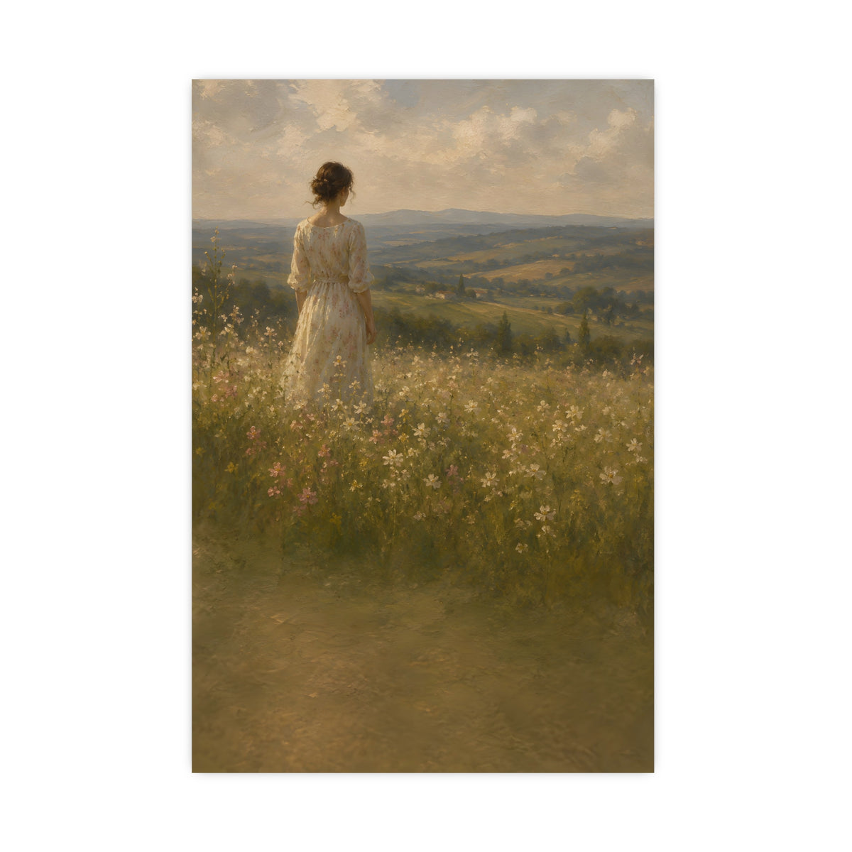 Looking to the Hills — a woman at the edge of a wildflower field looking toward distant hills, 16x24 in print