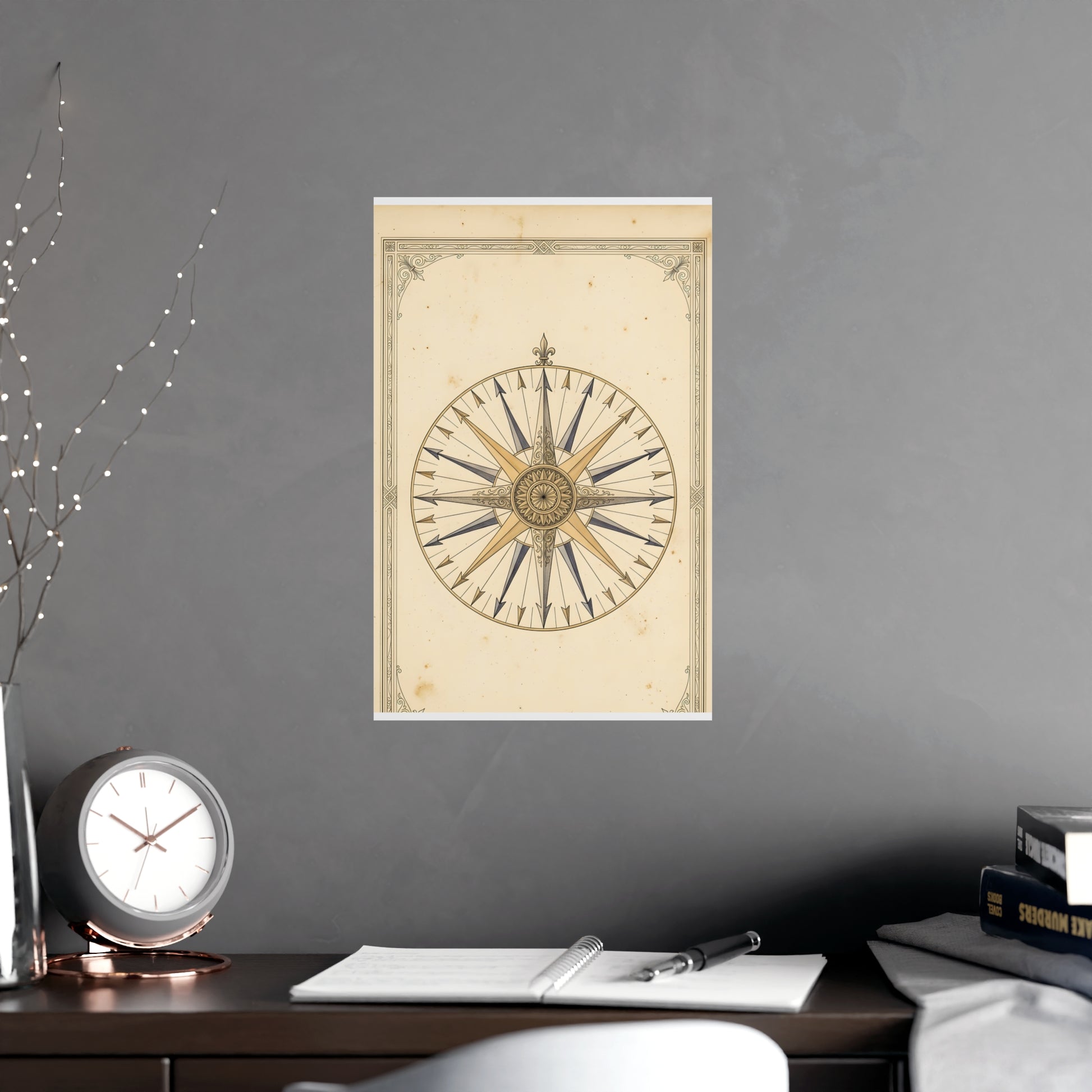 The Compass Card on a living room wall beside a tall vase, 11x17 in print