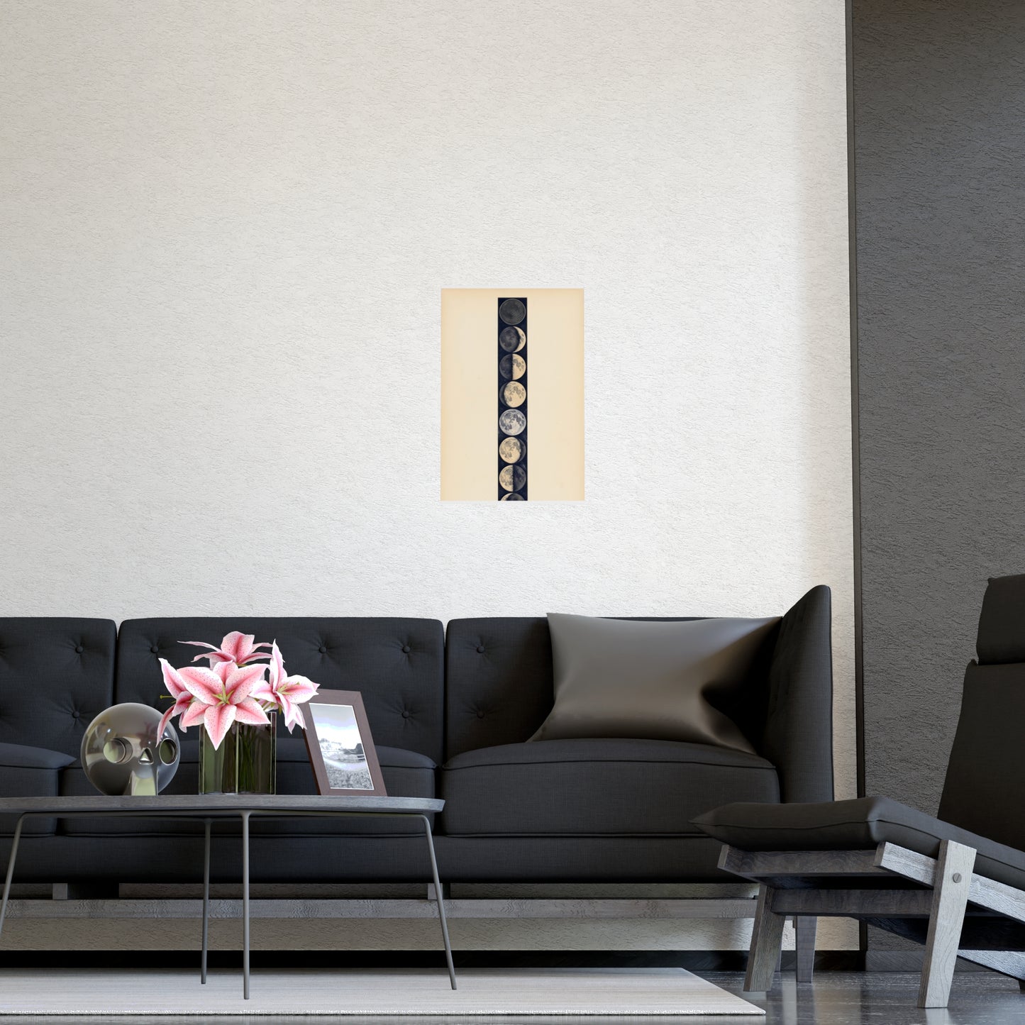 Phases of the Moon hung on a grey wall above a dark sofa, 12x16 in print