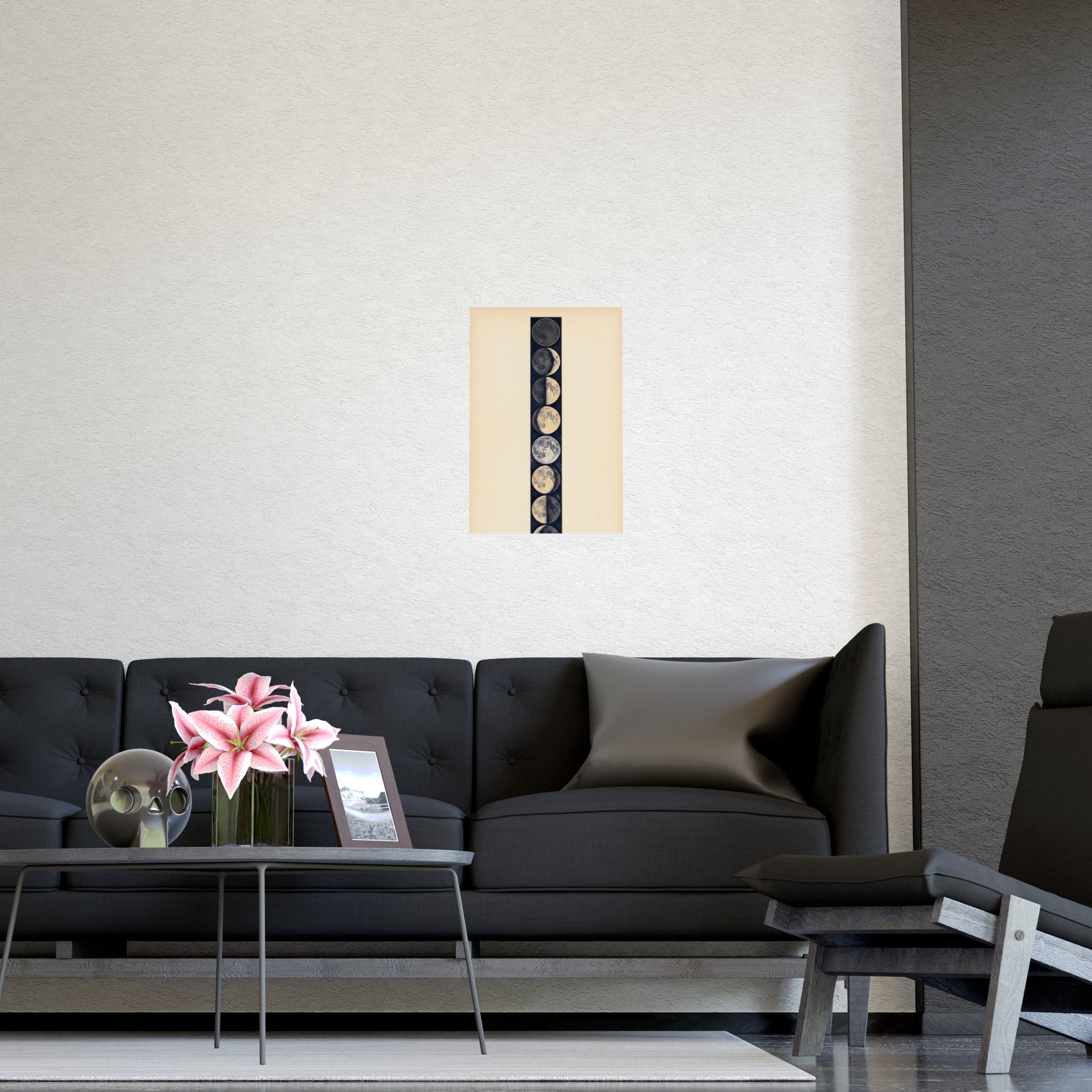 Phases of the Moon hung on a grey wall above a dark sofa, 12x16 in print