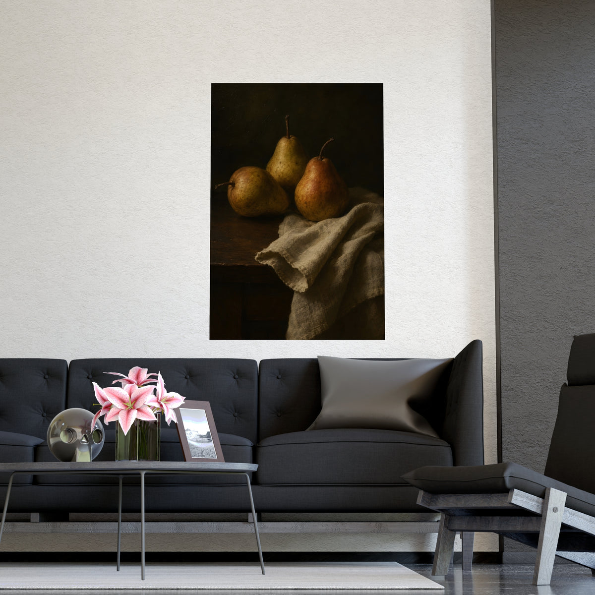 Three Pears — three pears, shown framed on a wall