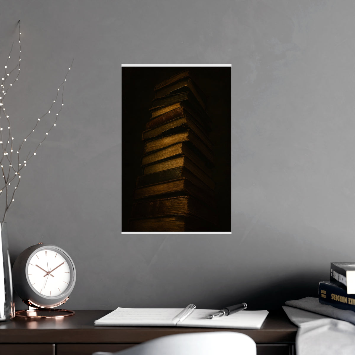 Books, Stacked — books, stacked, shown framed on a wall