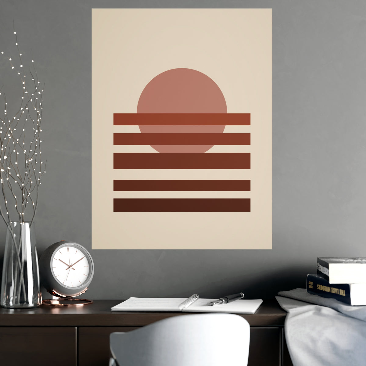 Muted 70s Sunset Landscape Wall Art — sunset landscape in a muted 70s palette, shown framed on a wall