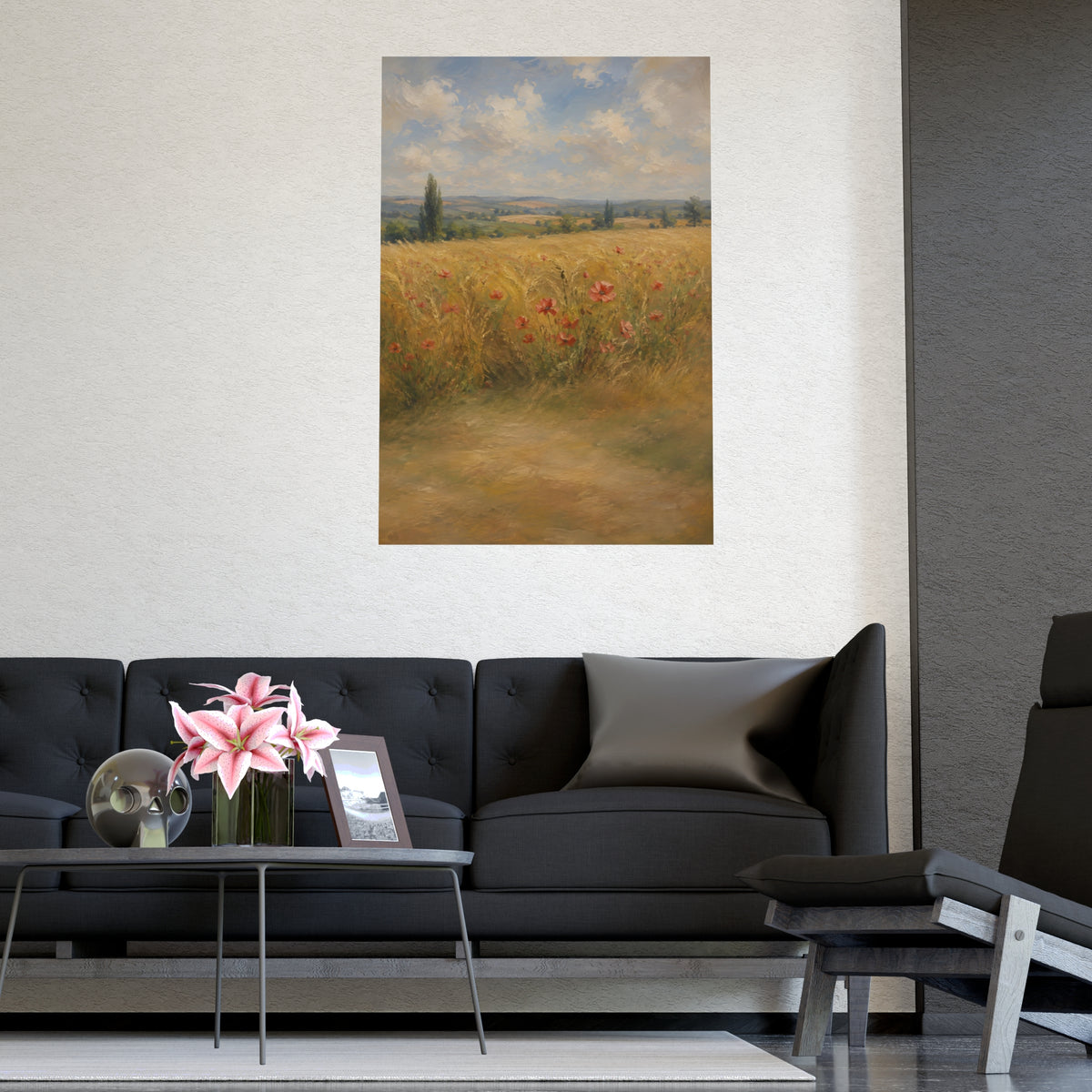 Poppies in the Wheat — wheat fields under a wide summer sky with poppies scattered through the gold, shown framed on a wall
