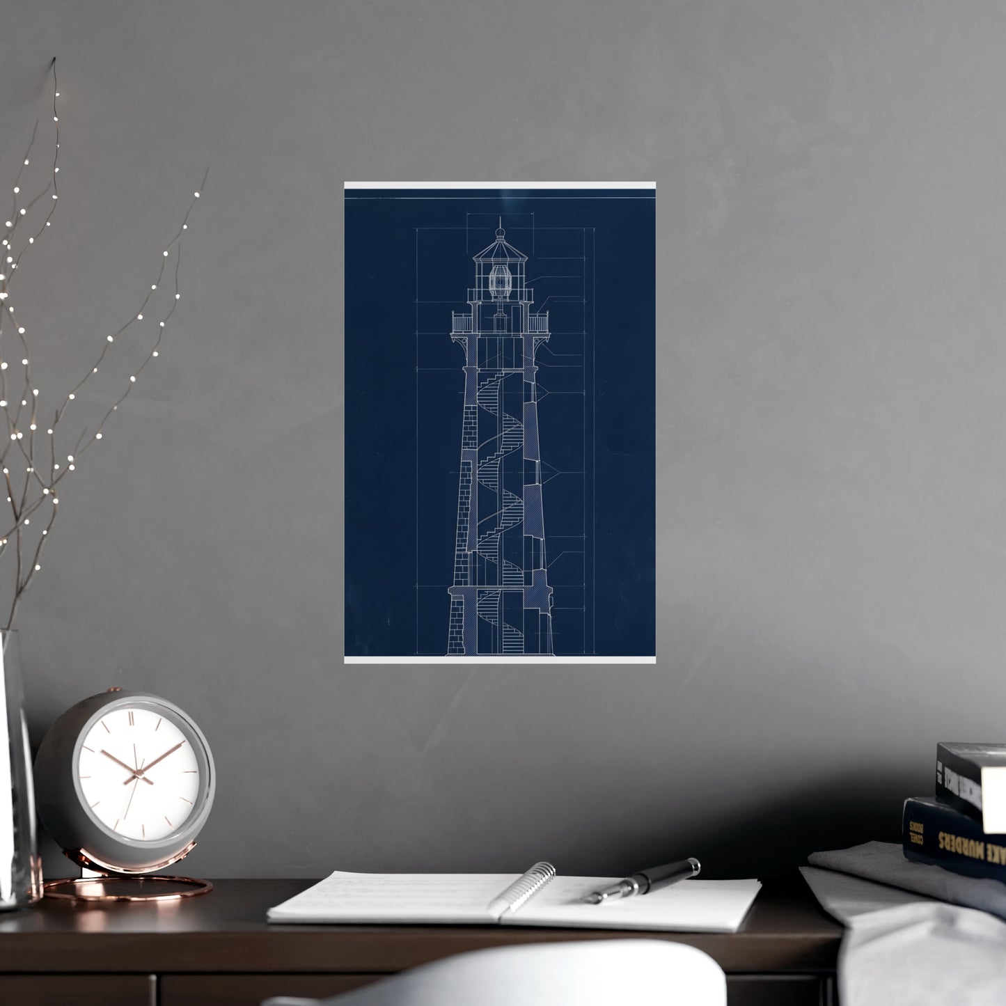 Lighthouse, in Section hung above a sofa with a side table and lilies, 11x17 in print