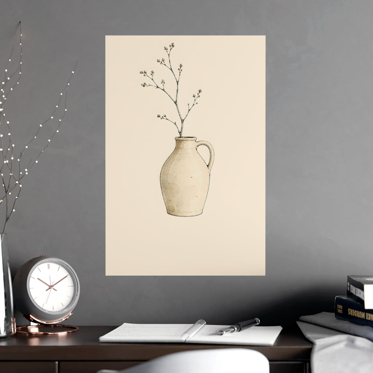Jug and One Sprig — jug and one sprig, shown framed on a wall