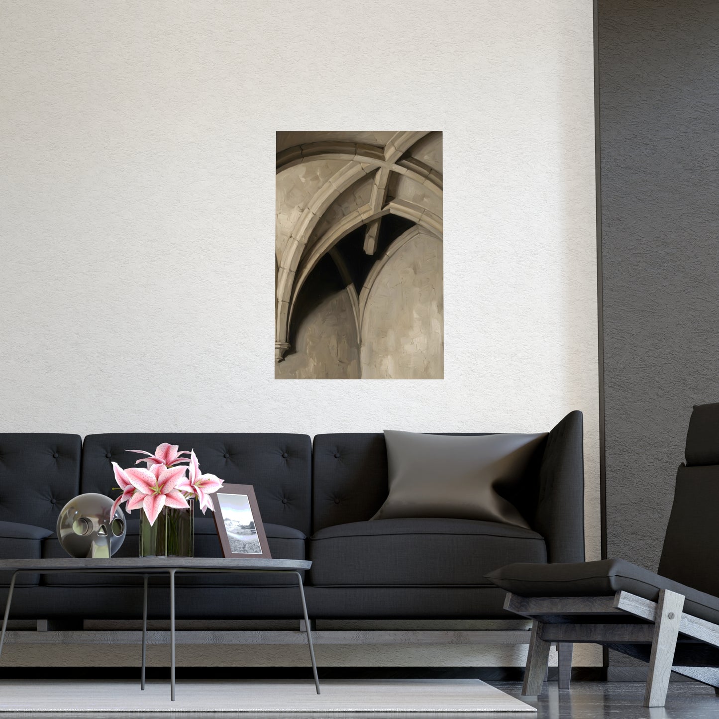 Vaulted Ceiling on a living room wall beside a tall vase, 12x18 in print