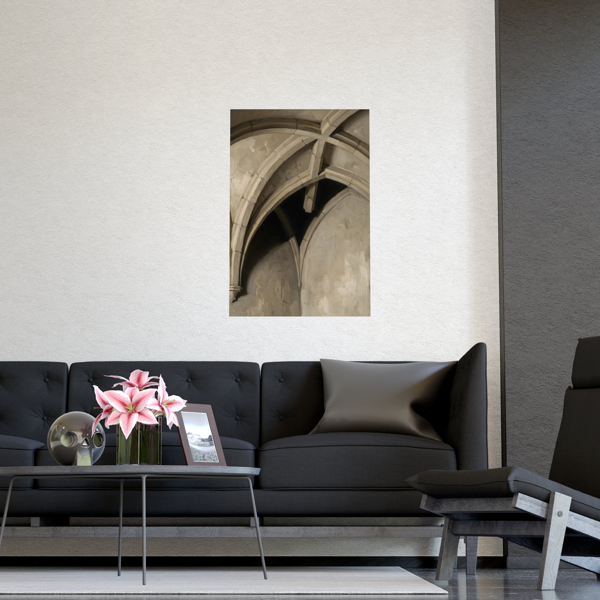 Vaulted Ceiling on a living room wall beside a tall vase, 12x18 in print