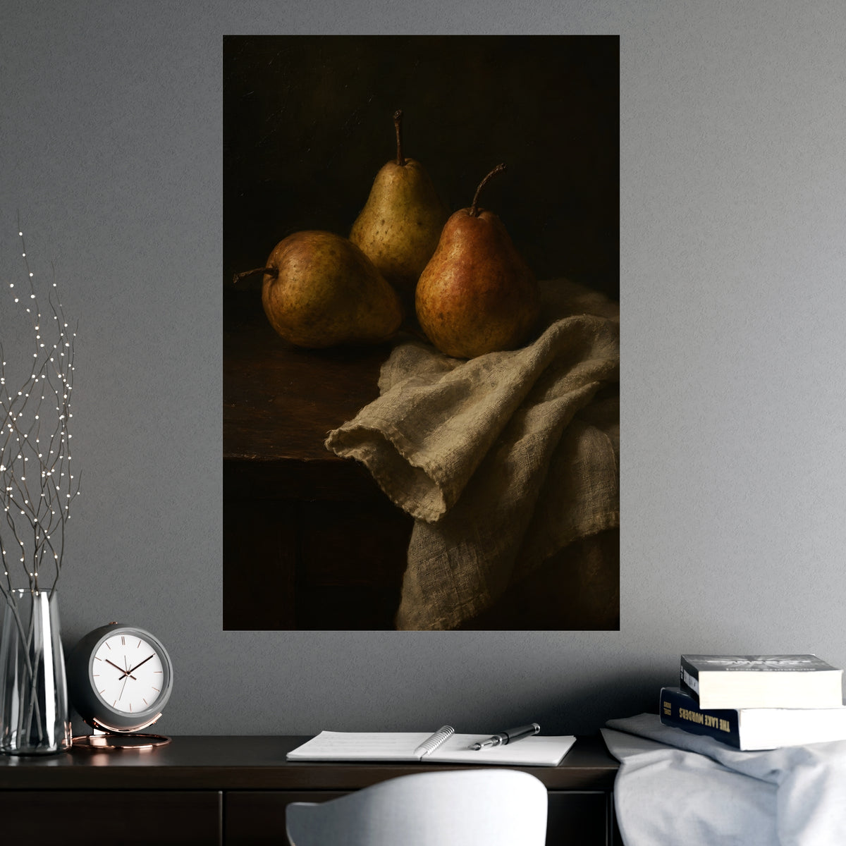 Three Pears — three pears, shown framed on a wall