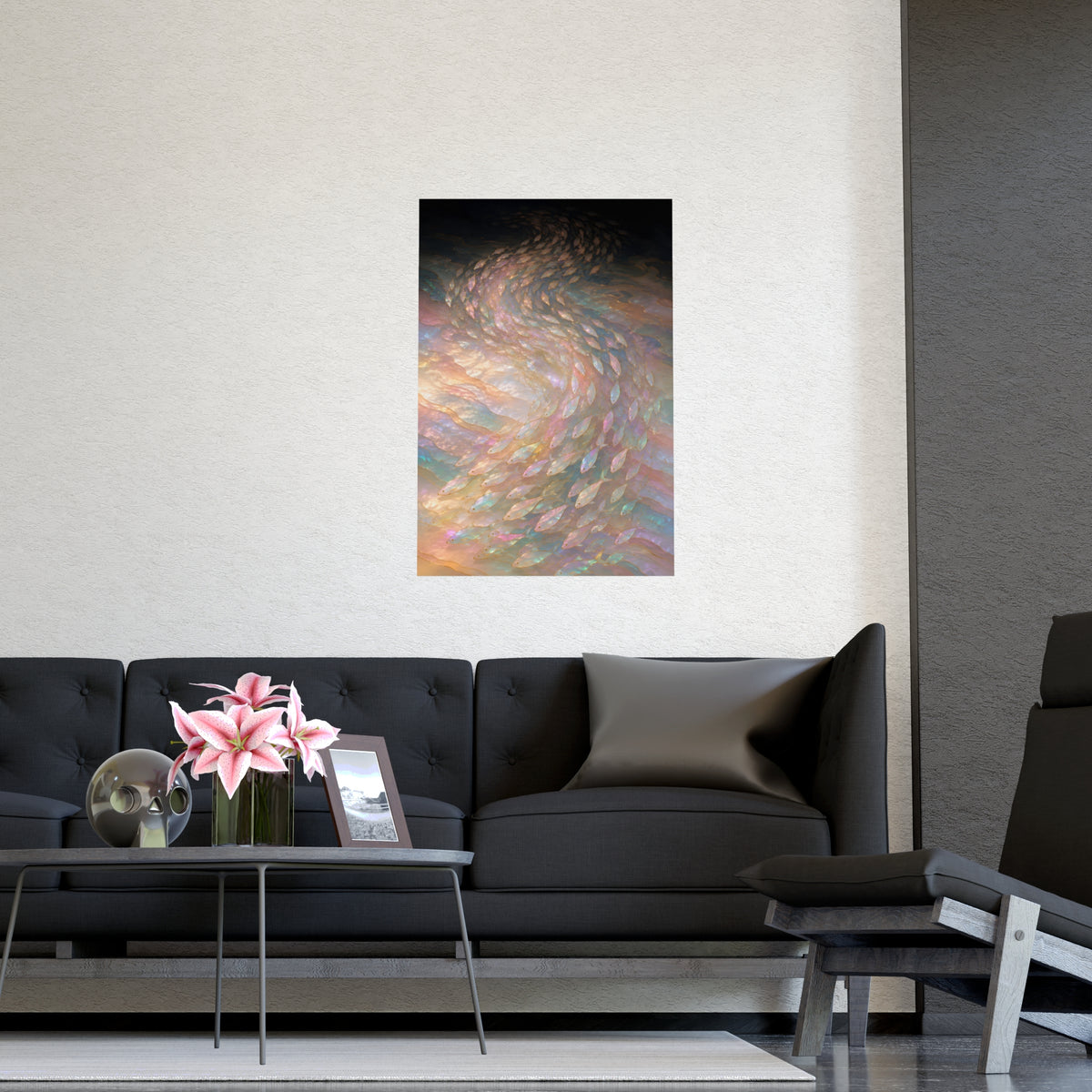 A Shoal, Turning — a shoal, turning, shown framed on a wall