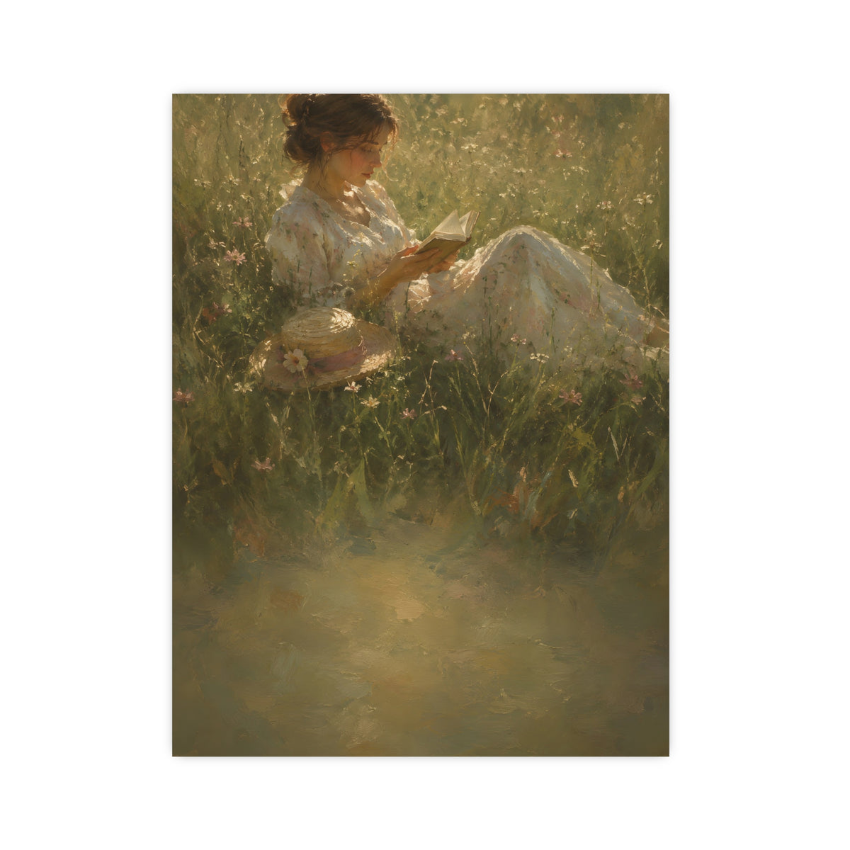 Reading in Tall Grass — a woman reading in tall summer grass, straw hat beside her, 12x16 in print