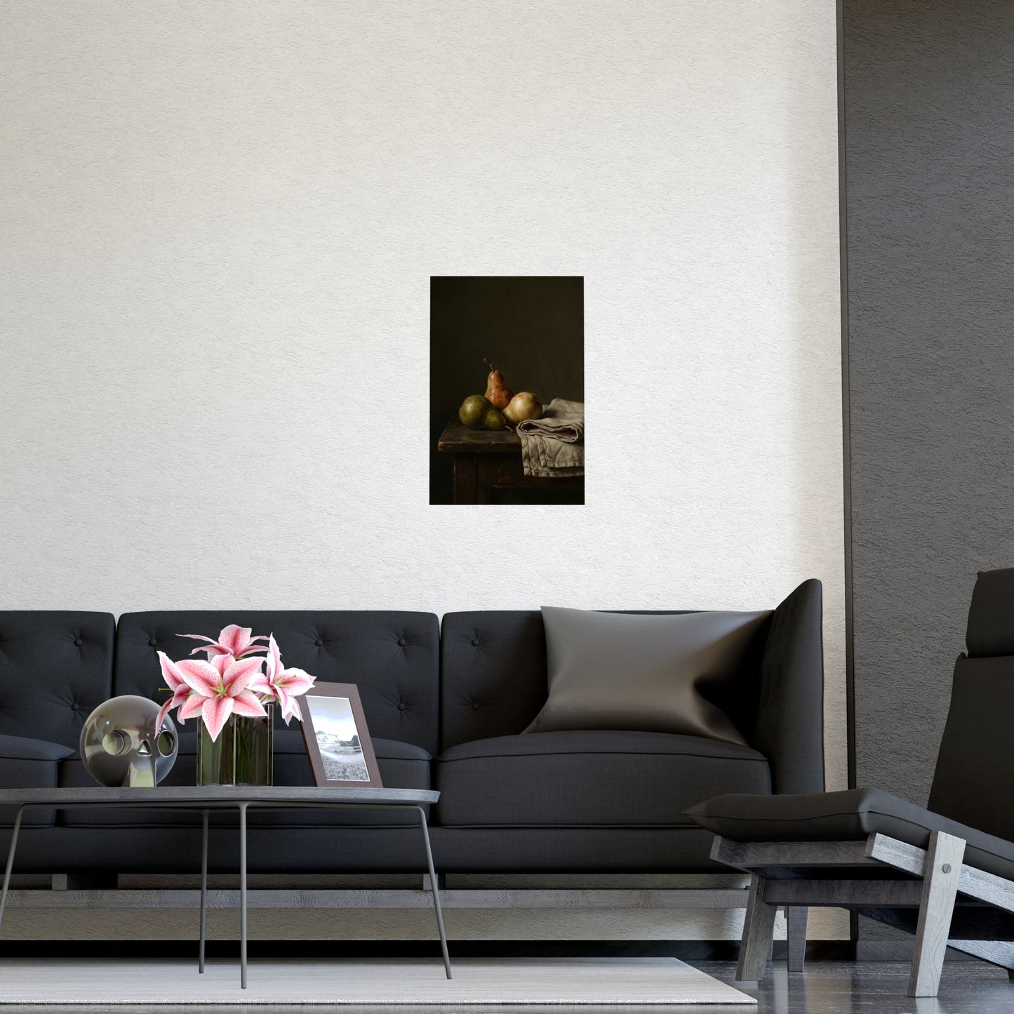 Three Pears hung above a sofa with a side table and lilies, 16x24 in print