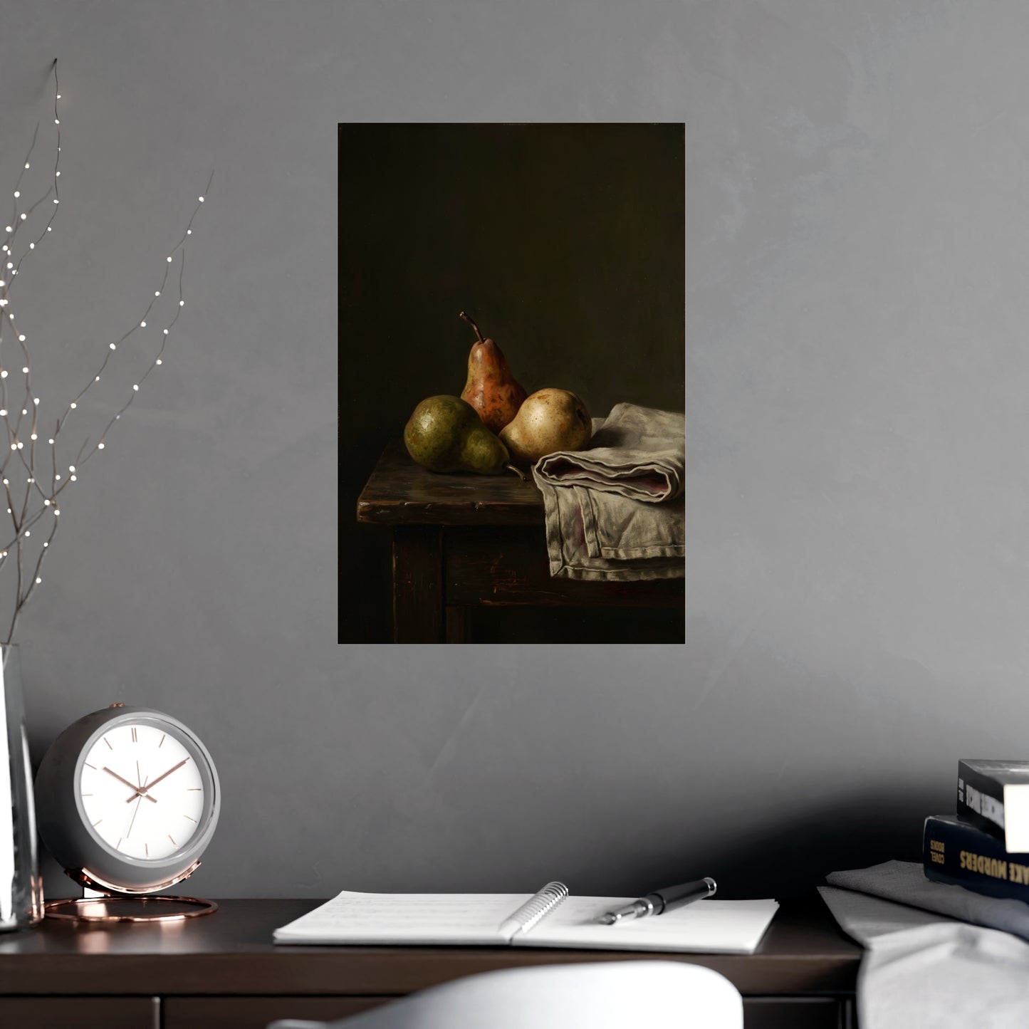 Three Pears on a living room wall beside a tall vase, 12x18 in print