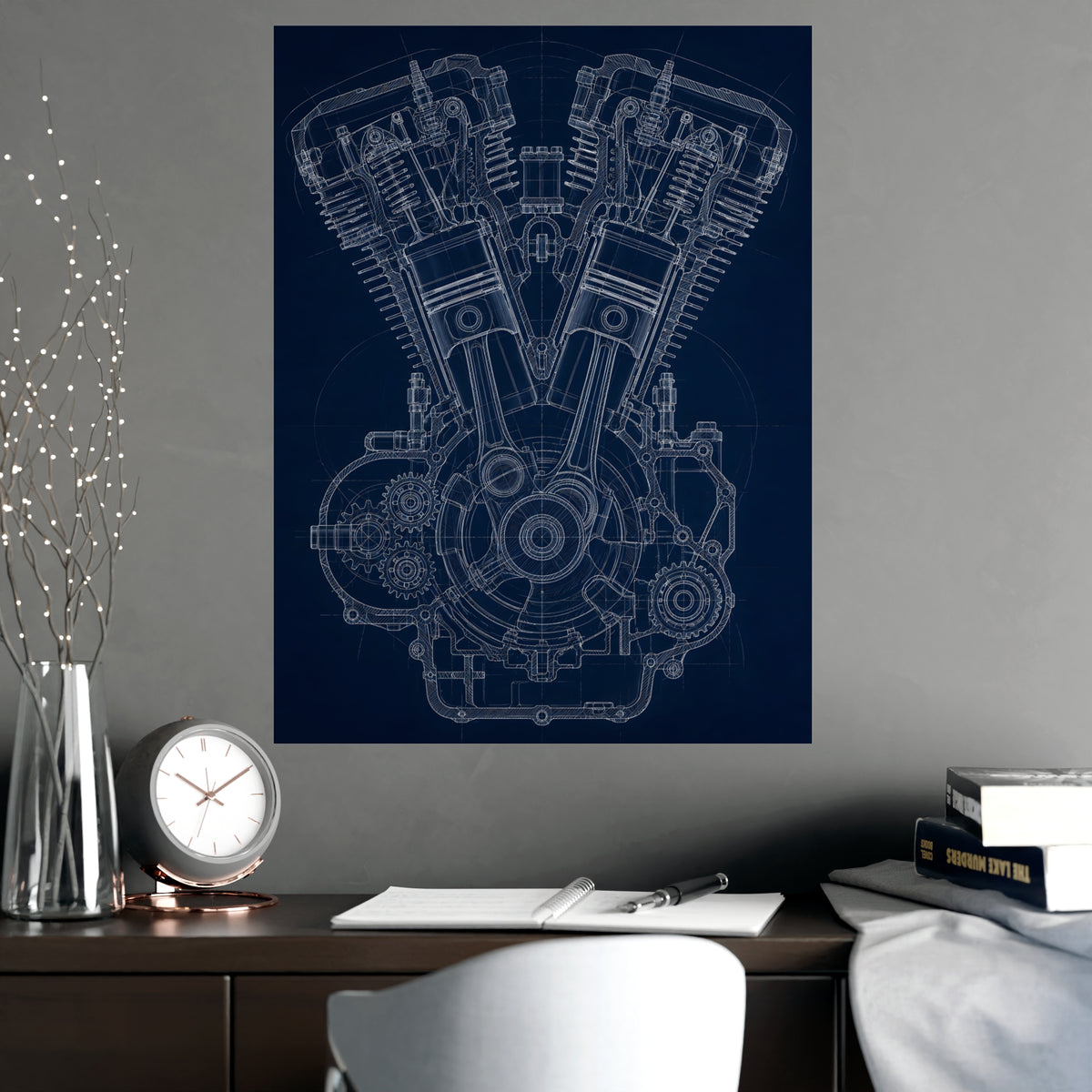 V-Twin Engine — v-twin engine, shown framed on a wall