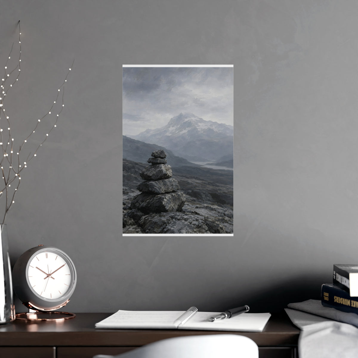 Cairn and Mountain — cairn and mountain, shown framed on a wall