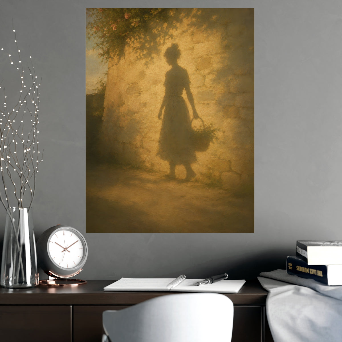Her Shadow on the Wall — the long shadow of a woman carrying a basket, cast across a sunlit stone wall, shown framed on a wal