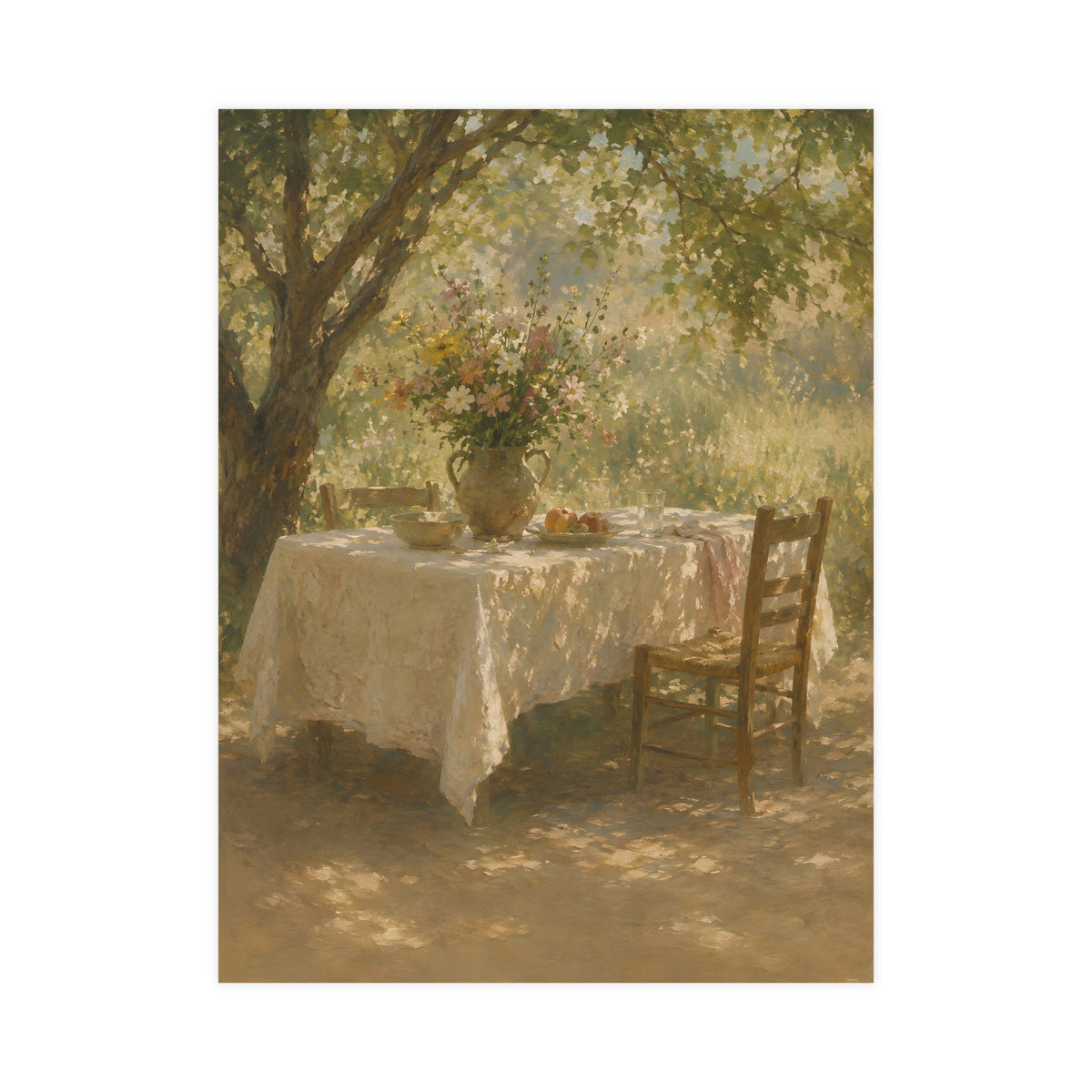 Table Under the Tree — a table under a tree with a linen cloth and a jug of wildflowers, 18x24 in print