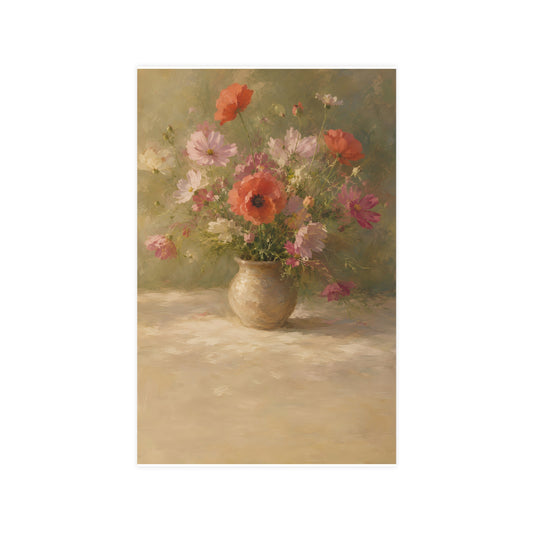 Poppy and Cosmos Bouquet — a loose bouquet of poppies and cosmos in an earthenware vase, 11x17 in print